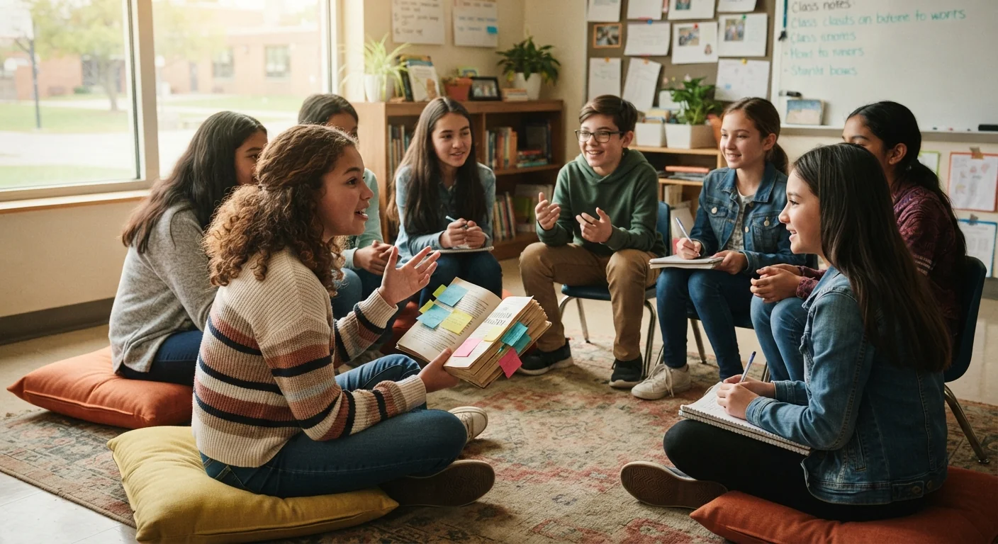 Small group of students sitting in a circle and talking about a book, one holding a copy with sticky notes