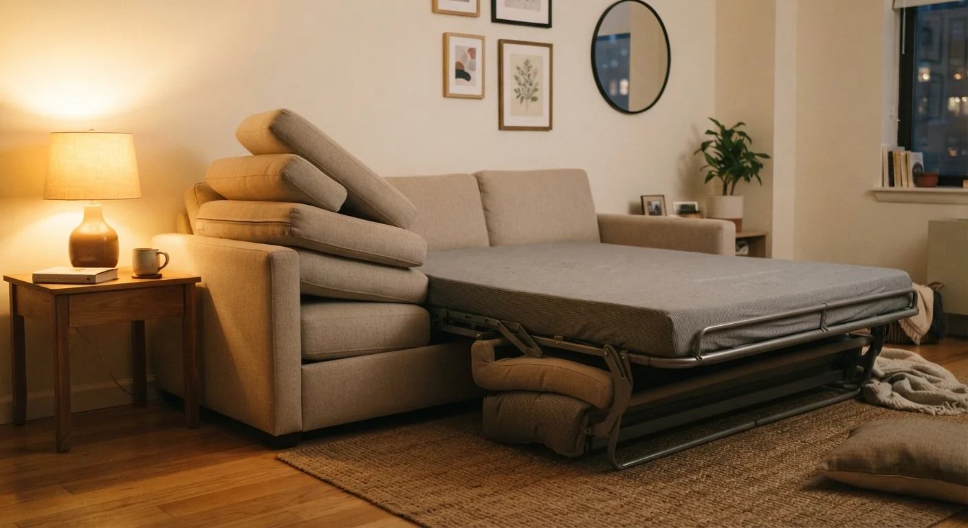 Eye-level shot of a sofa bed mid-transition, cushions stacked to one side while the mattress unfolds, warm lamp light glowing from a side table, small apartment wall art visible behind.