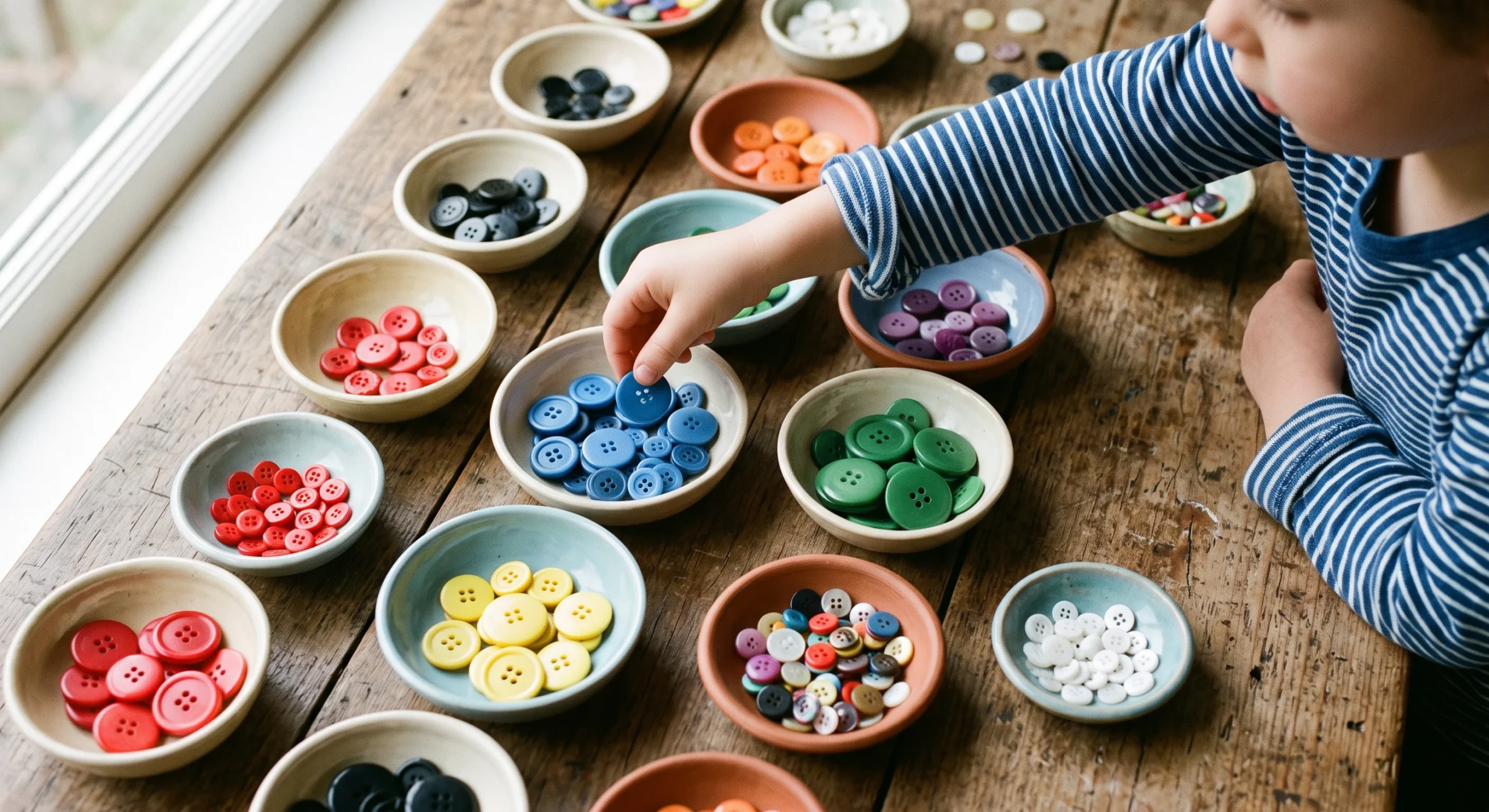 A collection of colorful buttons sorted into small bowls by color and size on a wooden table, a child's hand placing the next button, soft natural light, close overhead shot emphasizing the organized sorting groups.