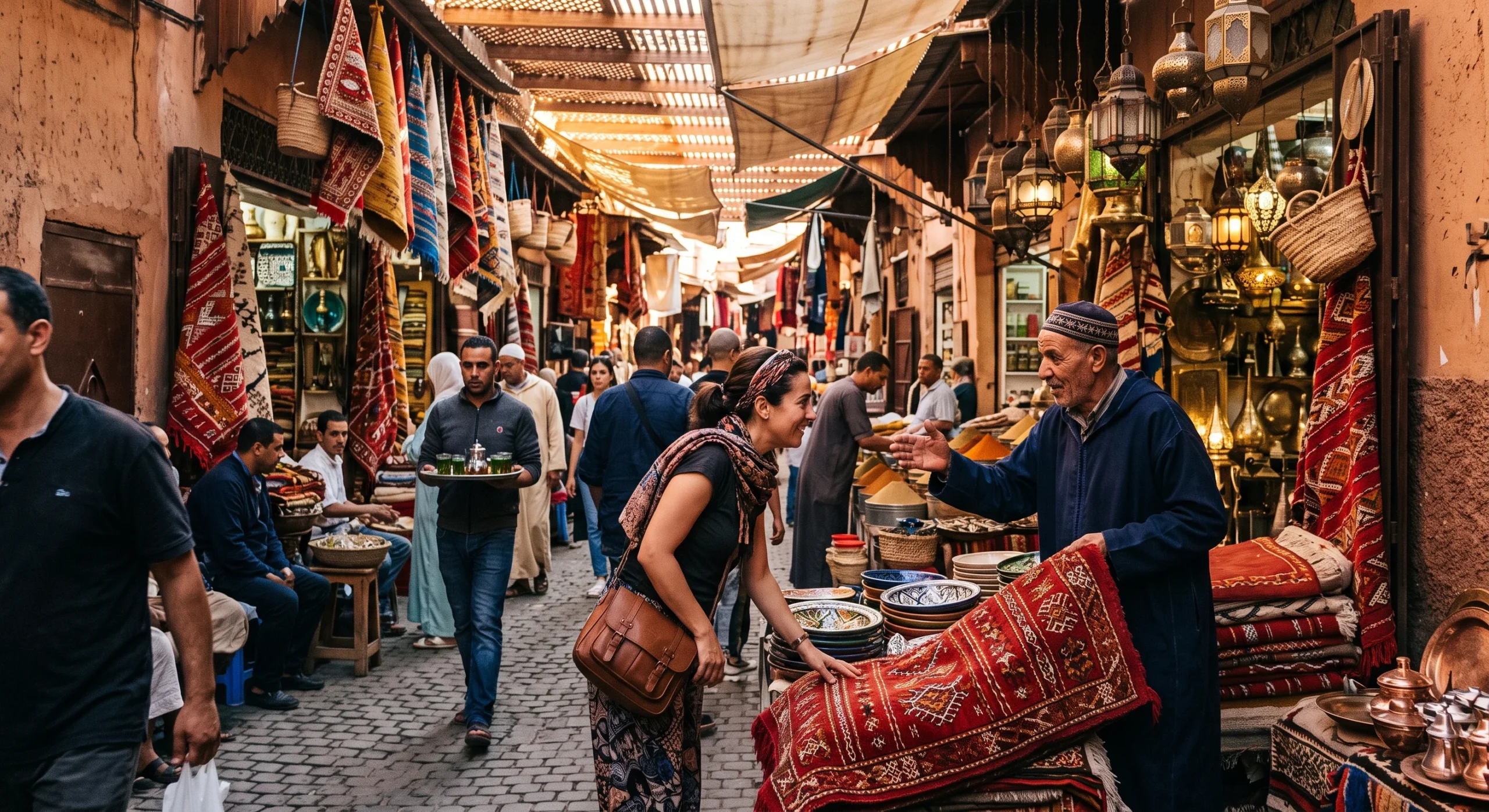 Bustling narrow souk alley in Marrakech, colorful lanterns and textiles hanging from stalls, a vendor and customer mid-conversation over a rug, warm afternoon light filtering through overhead awnings, candid market documentary composition.