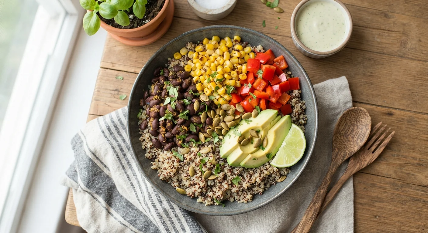 Overhead shot of a southwest quinoa bowl with black beans, corn, red bell pepper, and avocado over a bed of quinoa, lime wedge on the side, bright natural light, colorful vegetarian homestyle food photography.