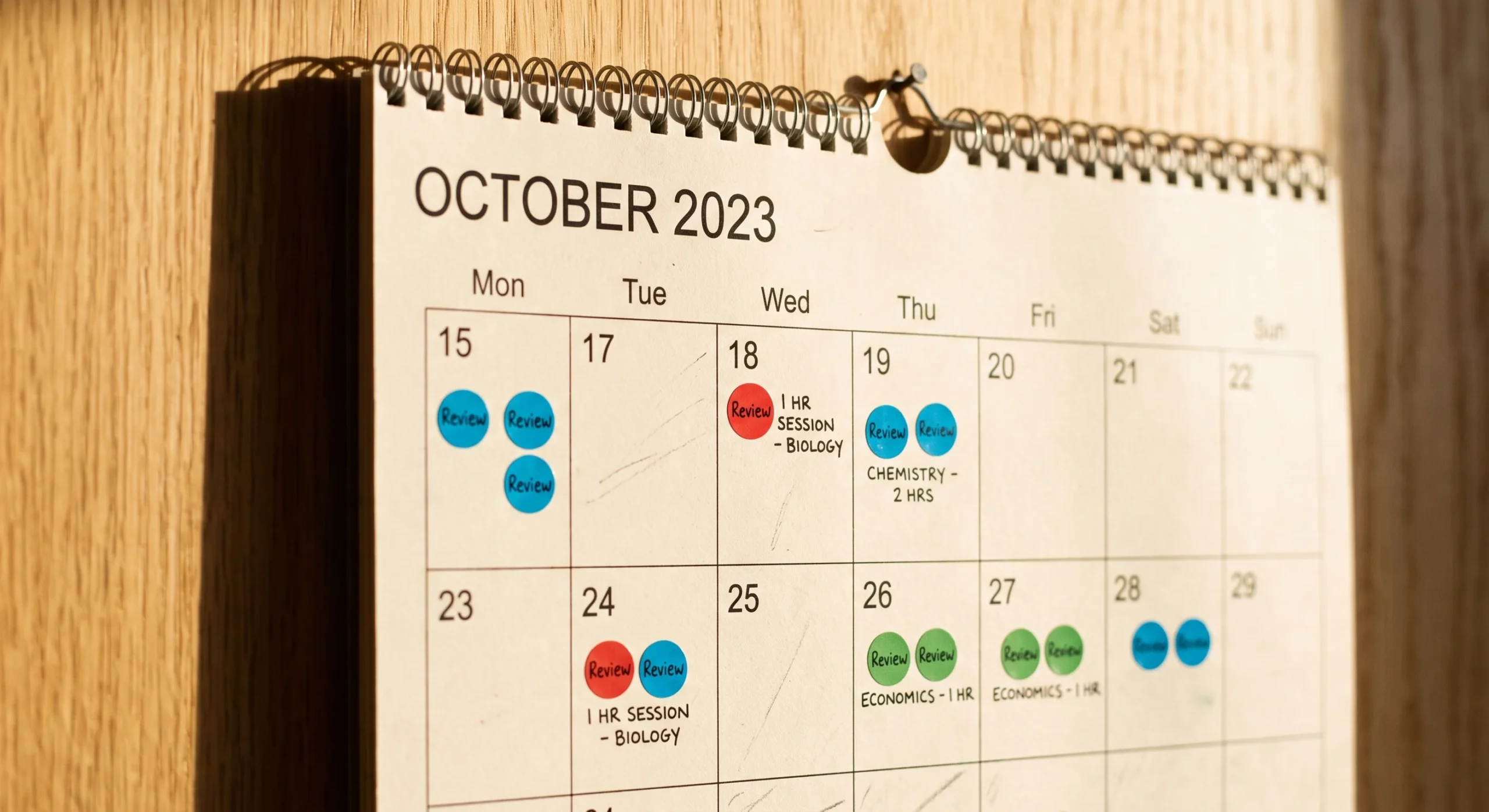 A simple wall calendar with review sessions marked in colored dots spread across several days rather than clustered together, warm afternoon light, close shot emphasizing the spaced-out marking pattern.
