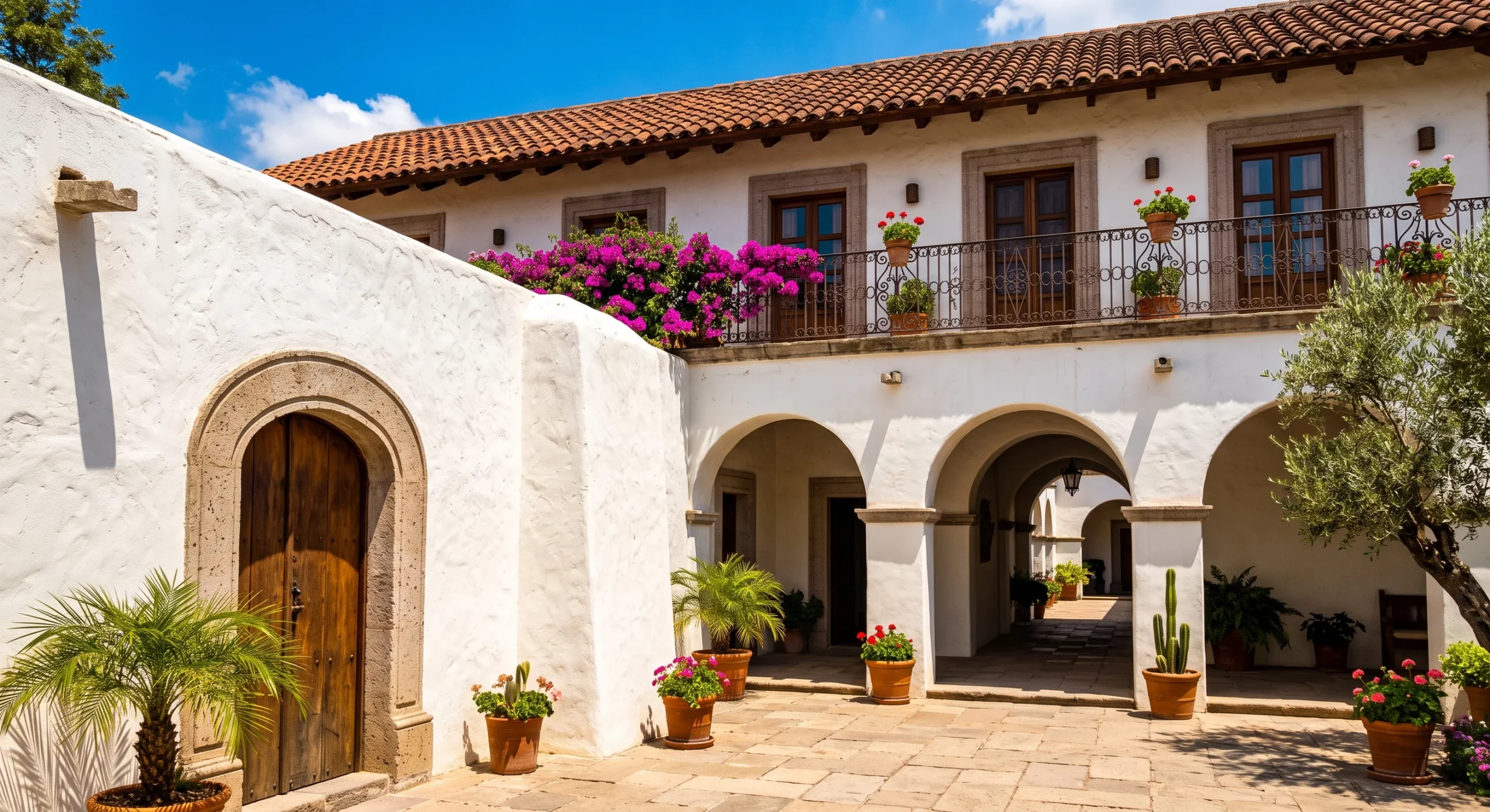 A Spanish Colonial home with thick white stucco walls, a low-pitched red tile roof, a wrought iron balcony, an arched covered walkway, bright saturated midday light, angled shot emphasizing the thick wall depth and arched openings.