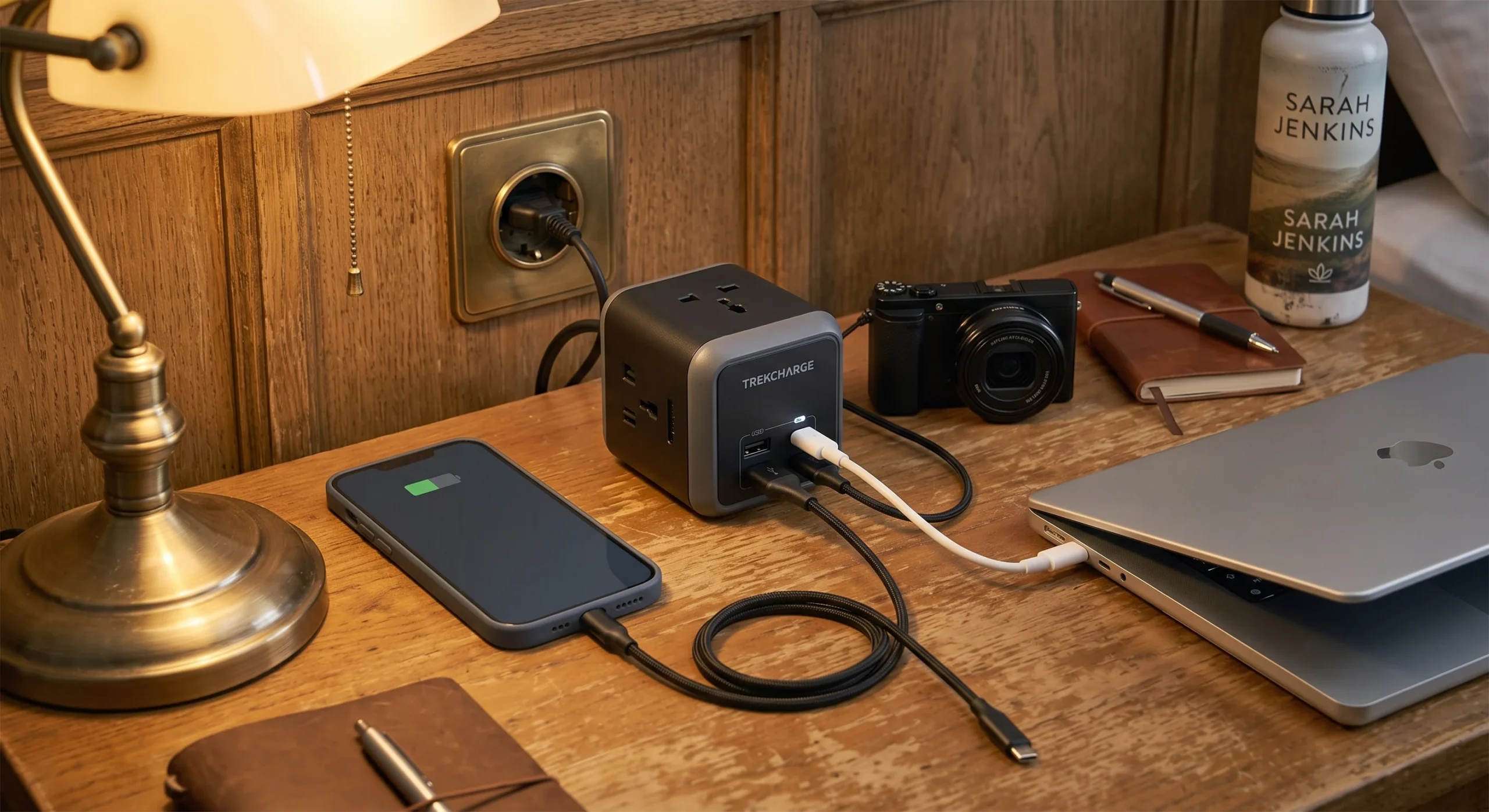 A compact travel power strip plugged into a single wall outlet in an older hotel room, a phone, camera, and laptop all charging from it simultaneously, warm evening lamp light, practical close-up product composition.