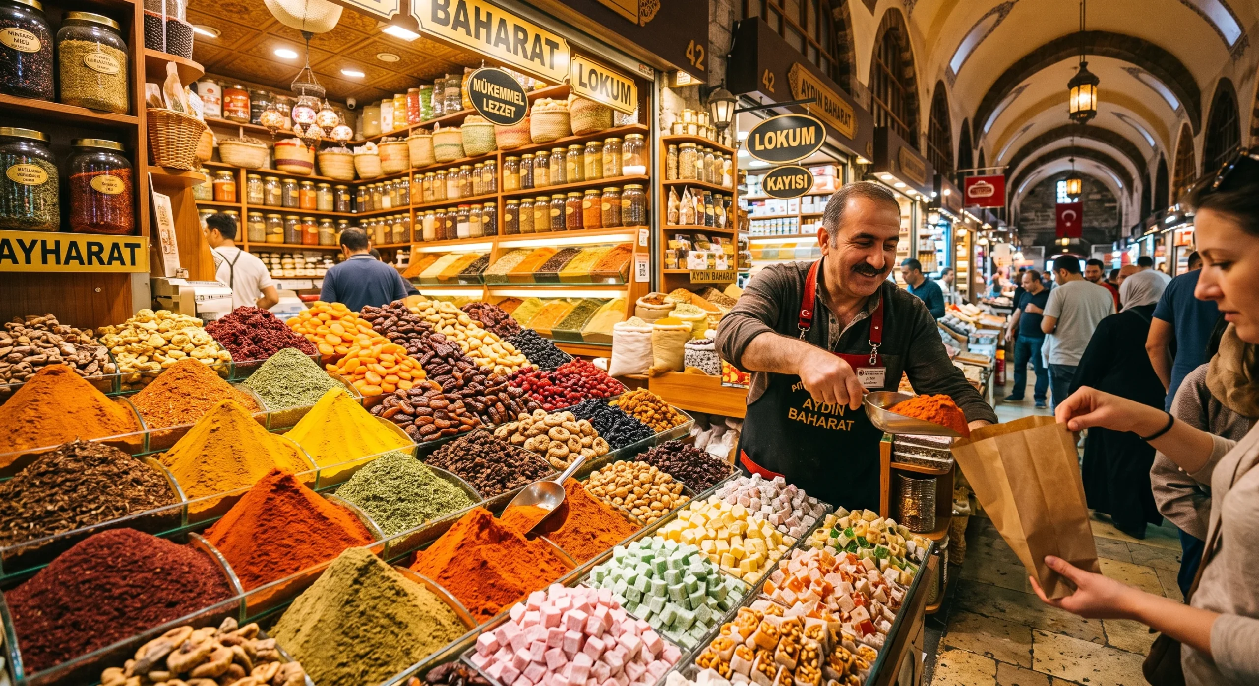 Colorful market stall inside the Spice Bazaar, mounds of vibrant spices, dried fruits, and Turkish delight arranged in neat pyramids, warm golden interior lighting, a vendor scooping spices into a paper bag, rich saturated market photography.