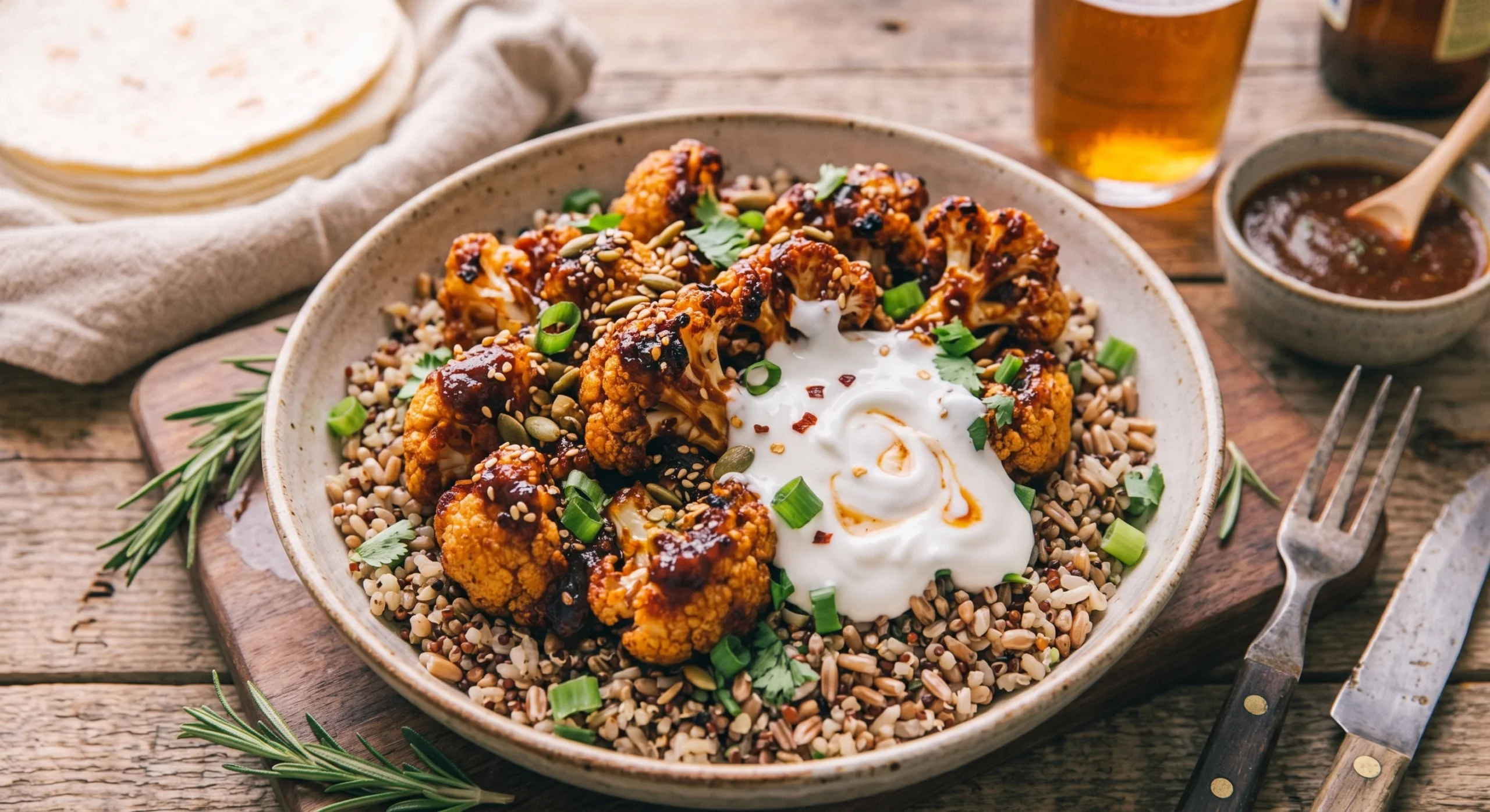 Crispy roasted cauliflower florets tossed in a glossy spicy sauce over grains, a small drizzle of cooling yogurt sauce on top, warm natural light, close vibrant bowl composition.
