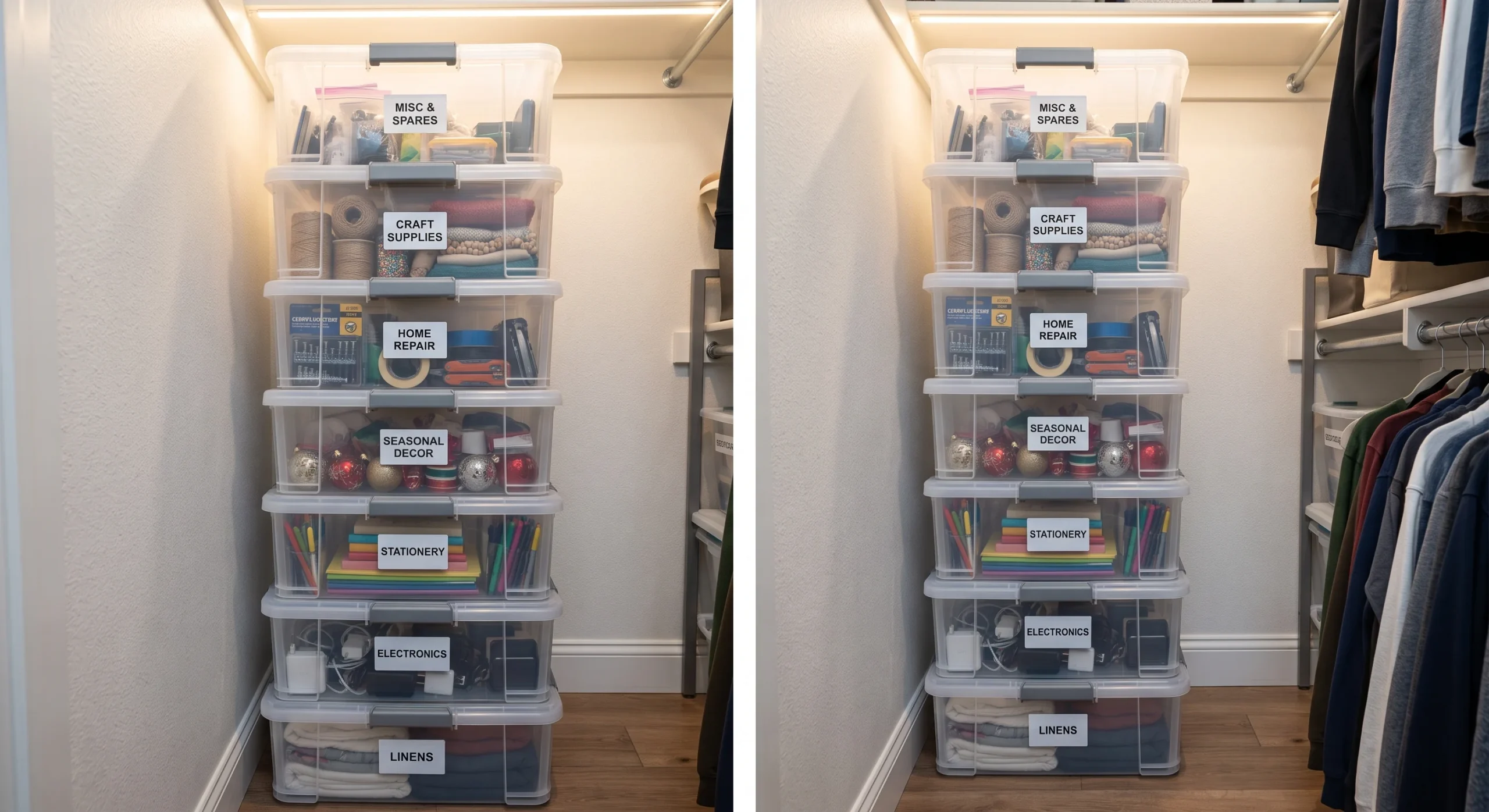A stacked column of clear labeled storage bins in a closet corner, organized by category with visible contents, soft closet light, close vertical shot emphasizing the stacked height and label clarity.