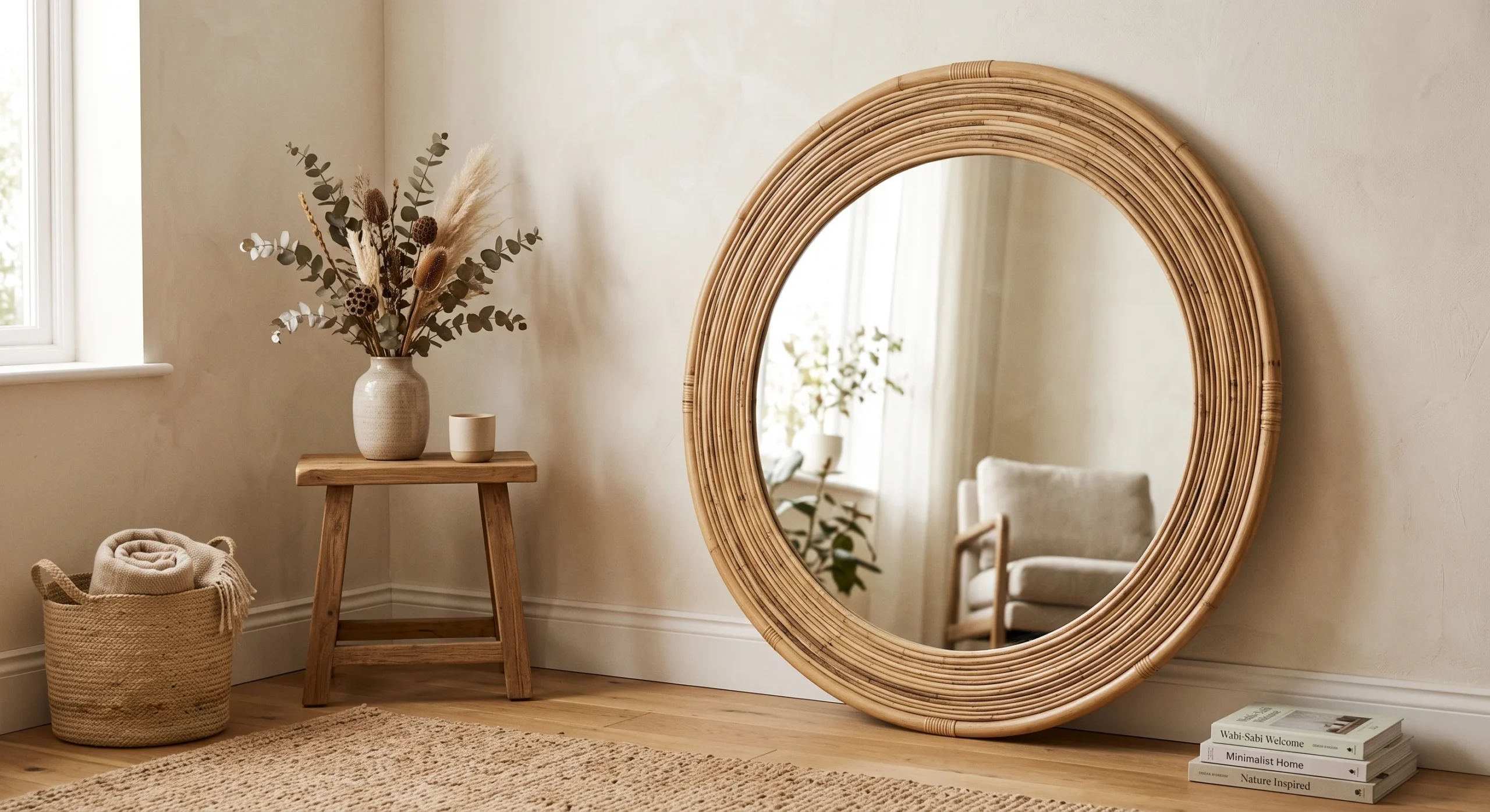 An oversized round rattan-framed mirror leaning against a cream living room wall in an empty corner, natural daylight reflecting softly across the frame, a small wooden side table beside it holding a ceramic vase, warm minimal styling, eye-level camera angle.