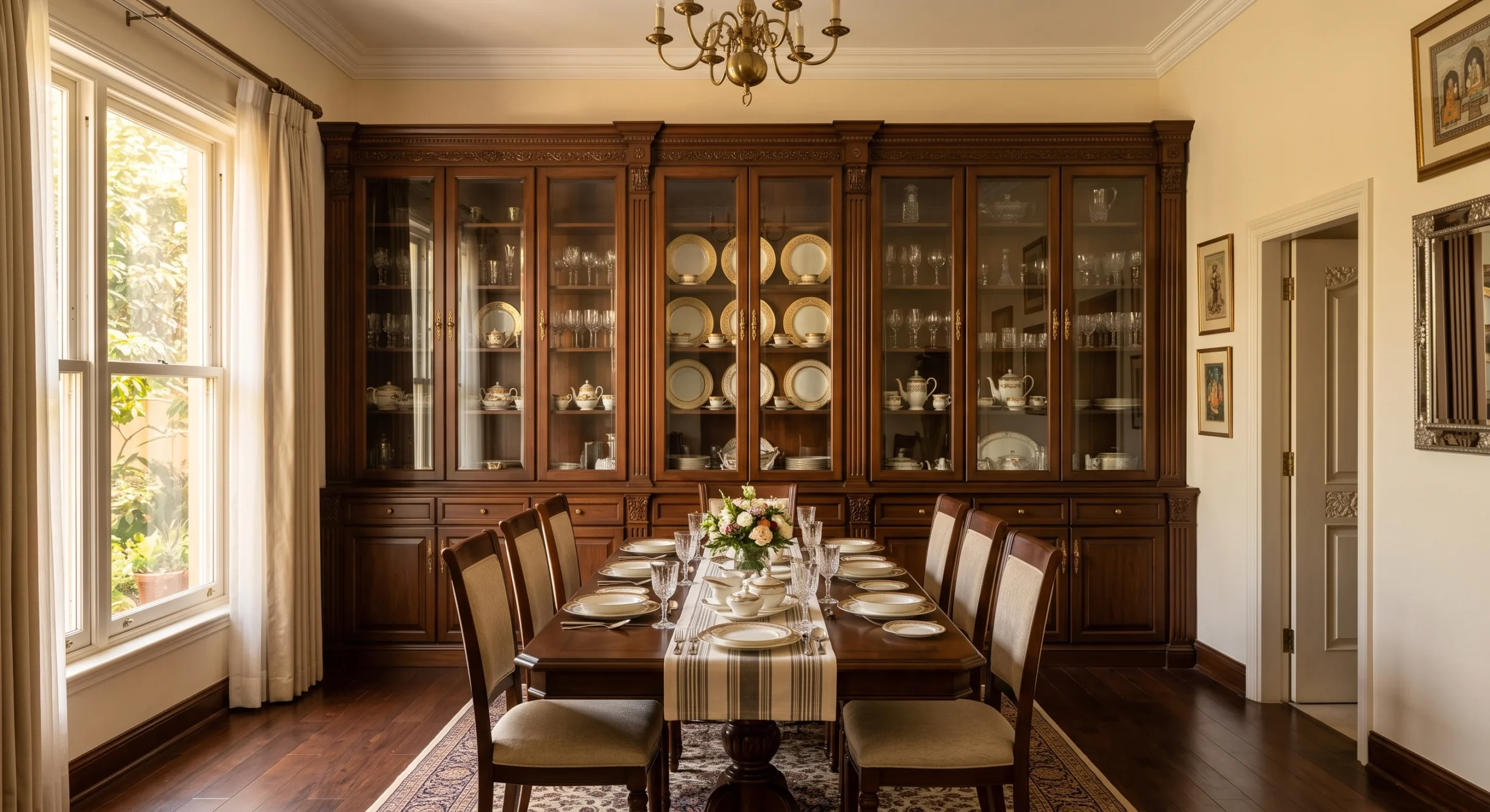 A traditional dining room with a built-in china cabinet fitted into a full wall, warm afternoon light, straight-on shot emphasizing the wall space available for furniture and storage compared to an open layout.