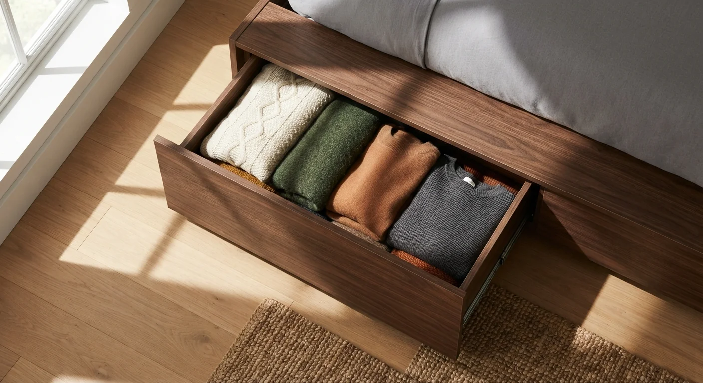 Overhead flat-lay of a storage bed frame with one drawer pulled open, folded sweaters visible inside, bright midday sun casting sharp shadows across the drawer's contents and wood finish.