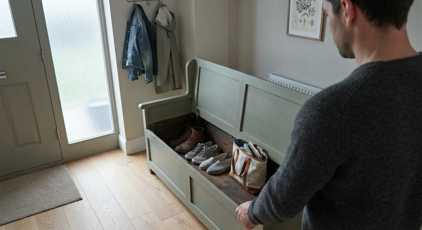 Over-the-shoulder shot looking toward an entryway storage bench with the seat lifted, shoes and a bag tucked inside, overcast diffused daylight coming through the front door's glass panel.