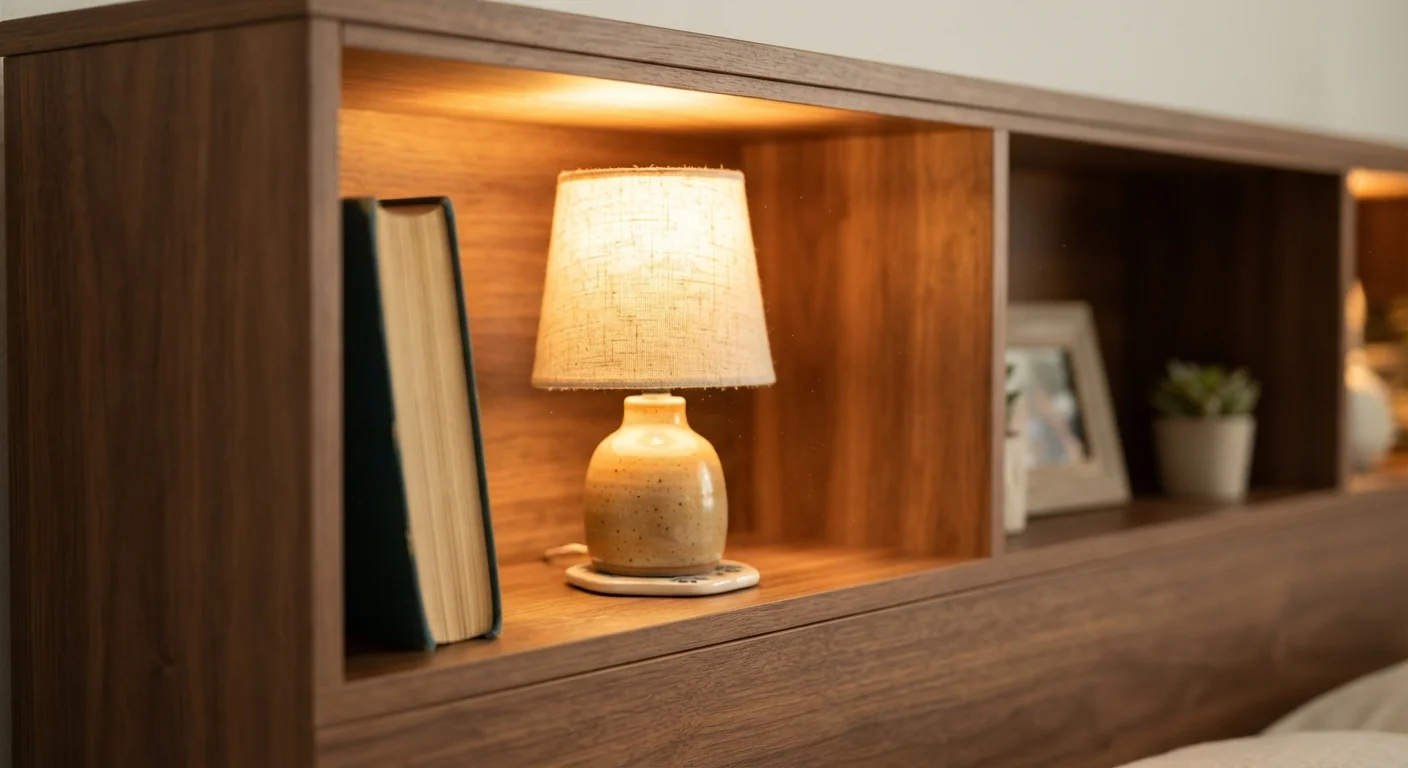 Close-up macro shot of a storage headboard's open shelving cubbies, a book and a small lamp tucked inside, warm lamp light casting a soft glow across the wood-toned compartments.