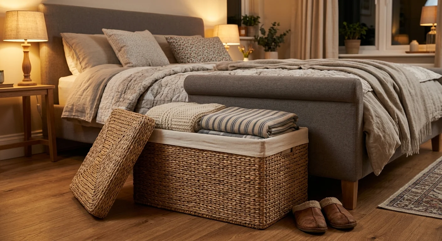 A woven storage ottoman with its lid open, revealing folded throws inside, positioned at the foot of a bed as a bench, warm evening lamp light, close angled shot emphasizing the dual function of seating and storage.