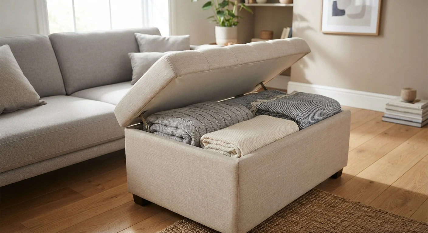 Three-quarter angle shot of a linen-upholstered storage ottoman with its lid lifted, revealing folded throws inside, positioned beside a low sofa in soft natural window light, oak floor visible underneath.
