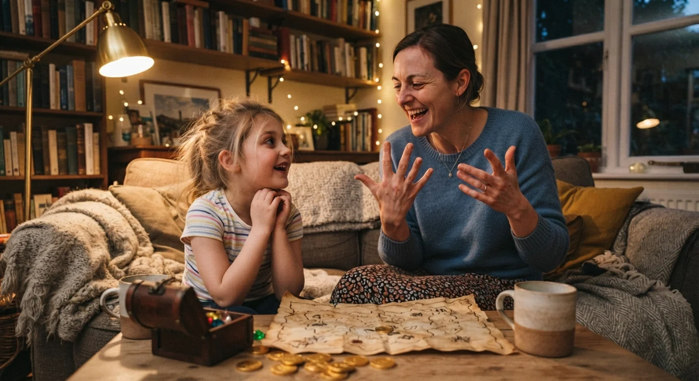 A child listening to a parent tell a playful story involving counting pirates or treasure, hand gestures mid-tale, warm lamp light, wide shot capturing the storytelling energy.
