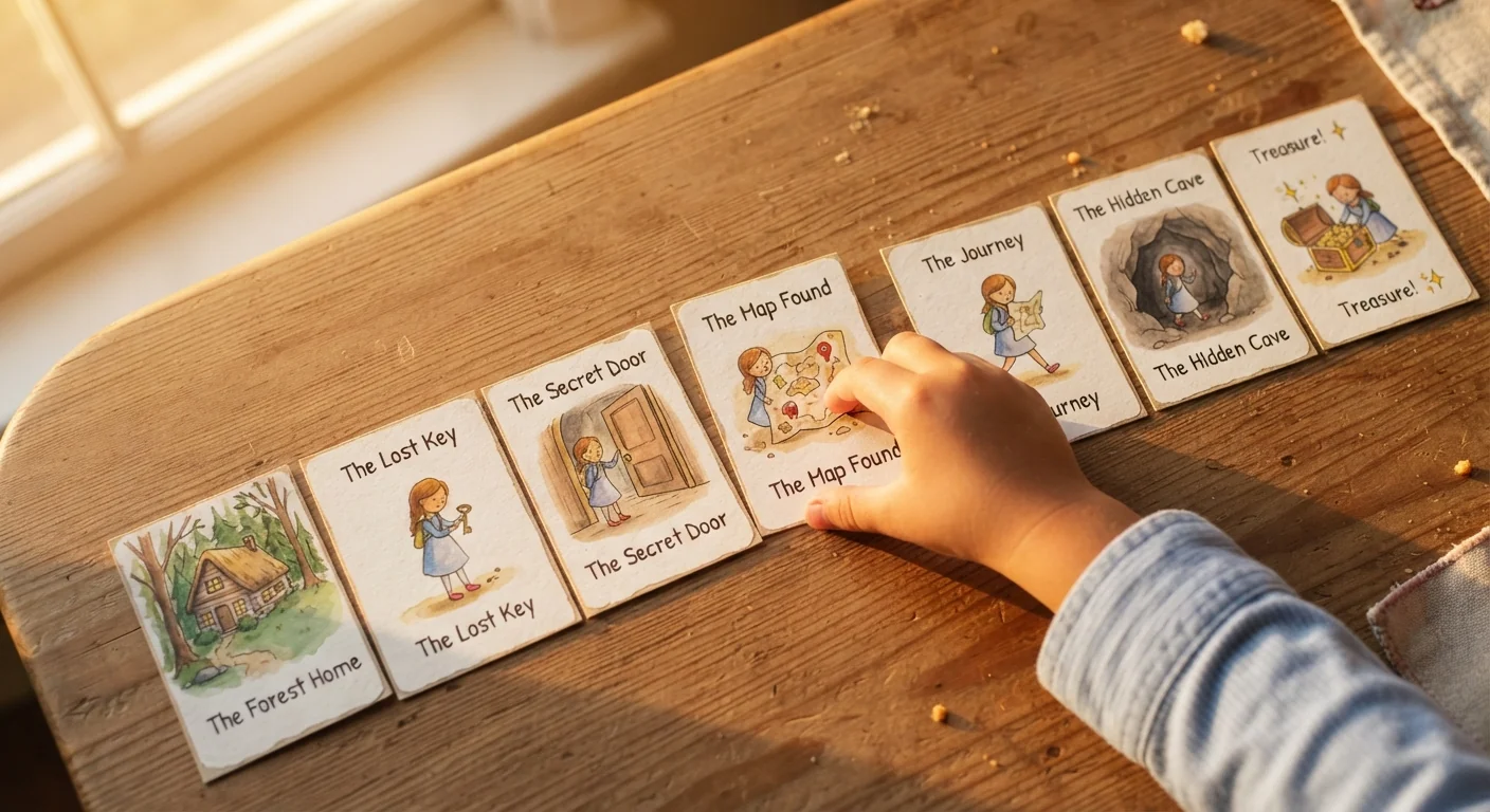 Child's hand placing one of several small picture cards of story events in a row on a table