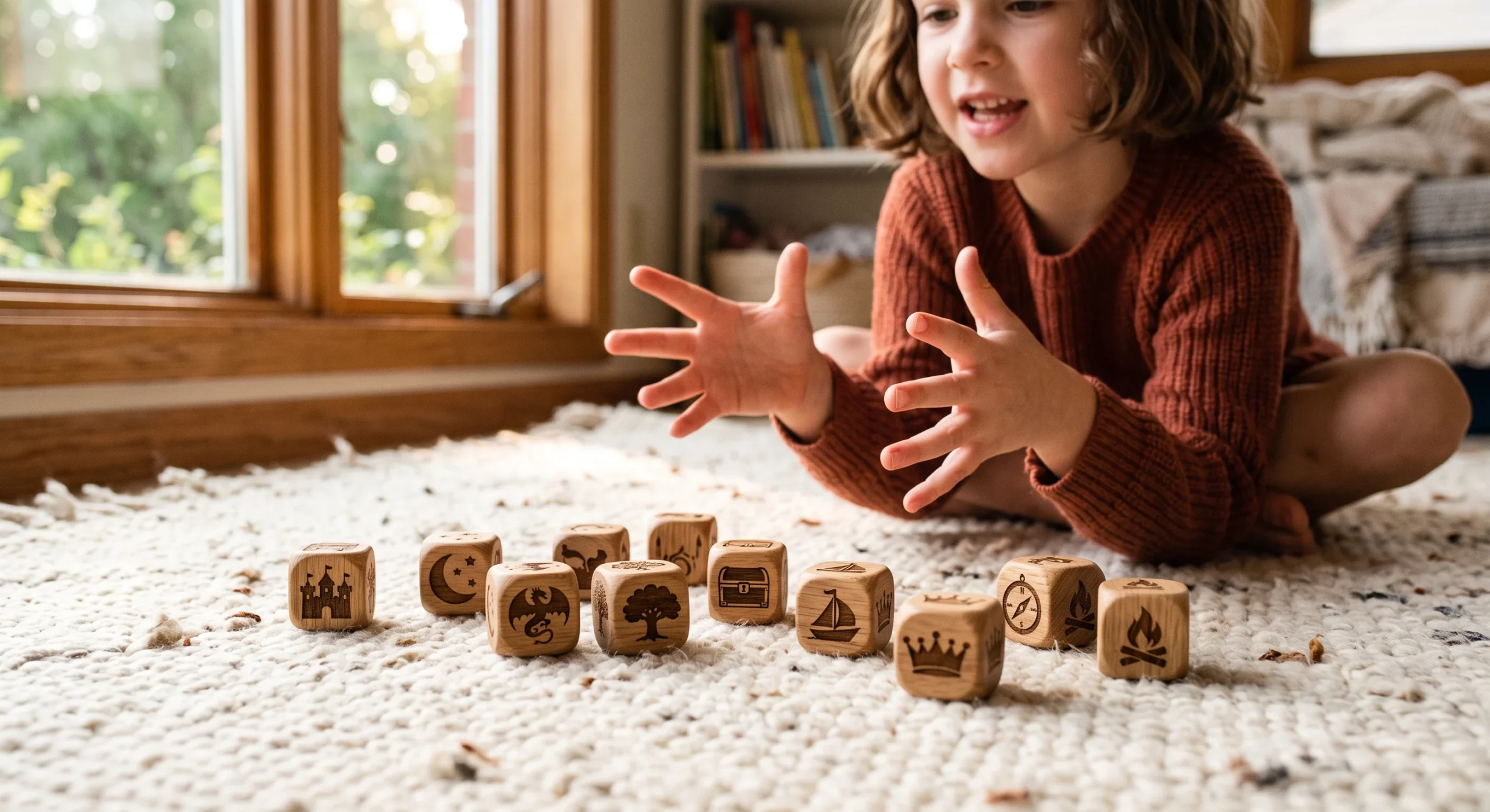 A set of wooden storytelling dice with picture icons scattered across a cozy rug, a child mid-sentence gesturing while telling a story, warm afternoon light through a window, close angled shot capturing the dice and animated hands.