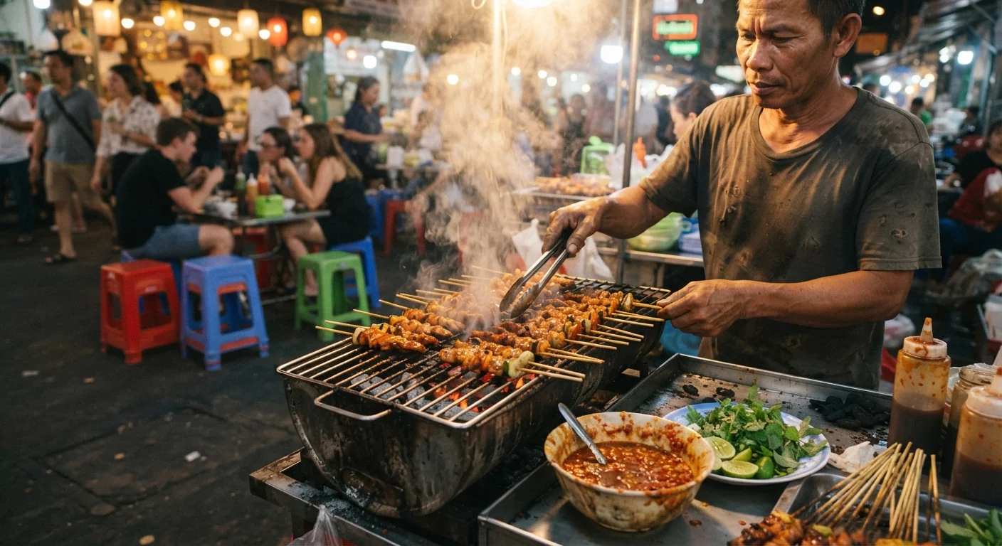 Close-up shot of a street food vendor grilling skewers over an open charcoal flame, steam rising, colorful plastic stools nearby, a bowl of chili sauce and fresh herbs on the cart, warm evening light, candid unstaged market atmosphere.