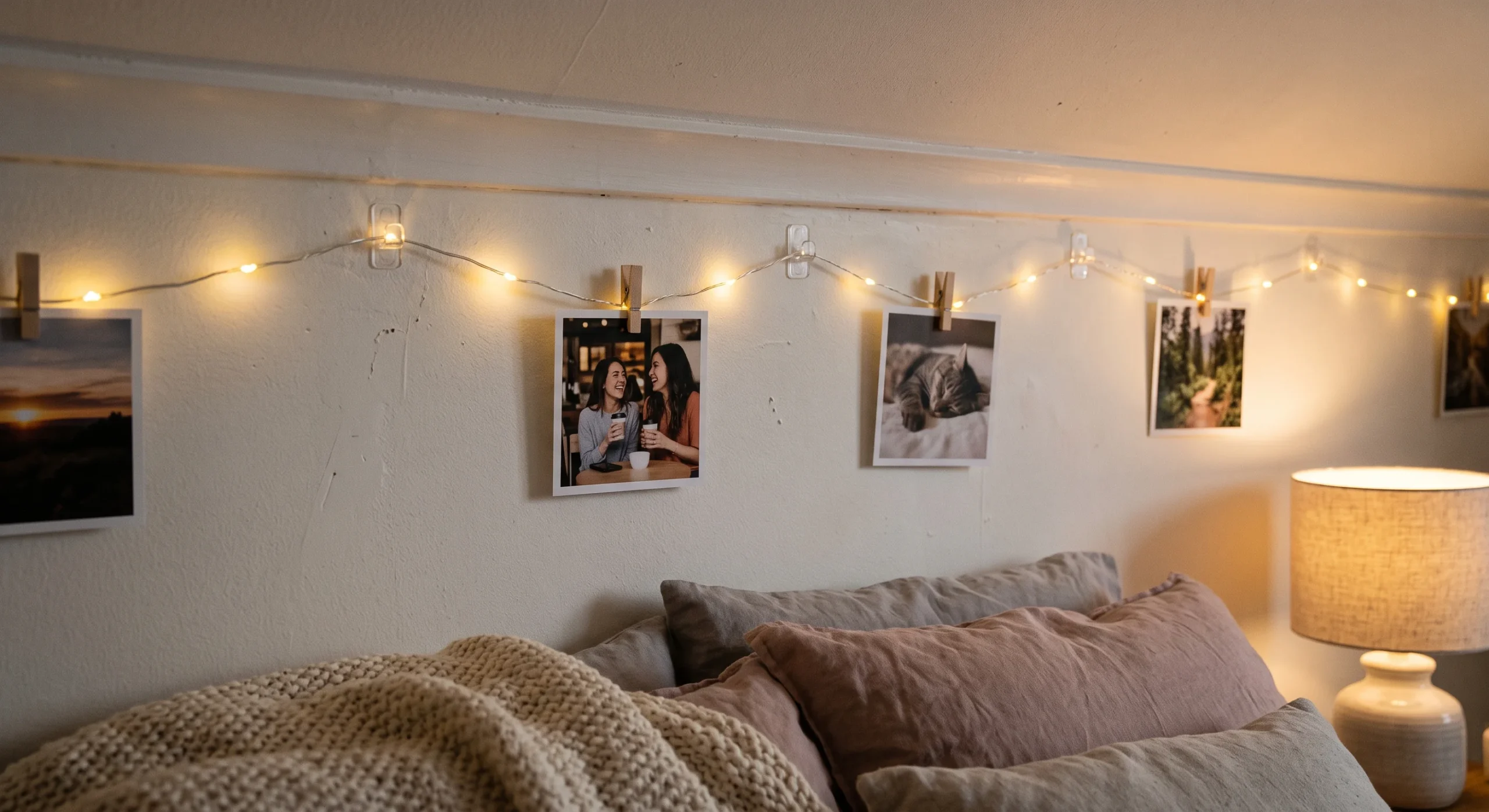 Warm white string lights routed along the top of a bedroom wall using small adhesive clips, a few small photo prints clipped onto the string, soft evening glow, close shot showing the neat clip spacing along the cord.