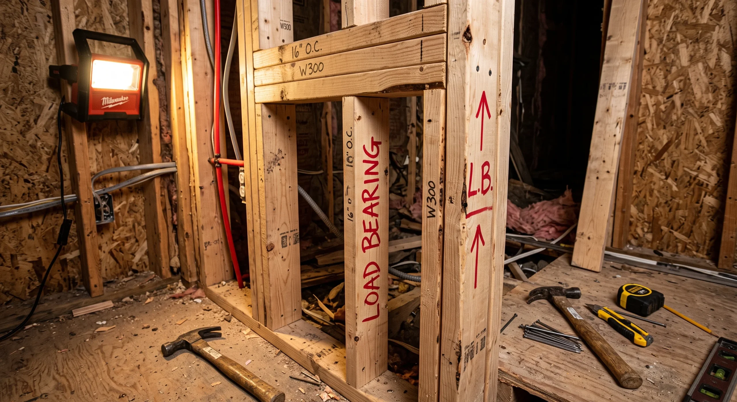 A close-up shot of an exposed wall cavity revealing wood stud framing with a red marking indicating a load-bearing wall, construction tools nearby, work-light illumination, angled composition emphasizing the structural framing detail.