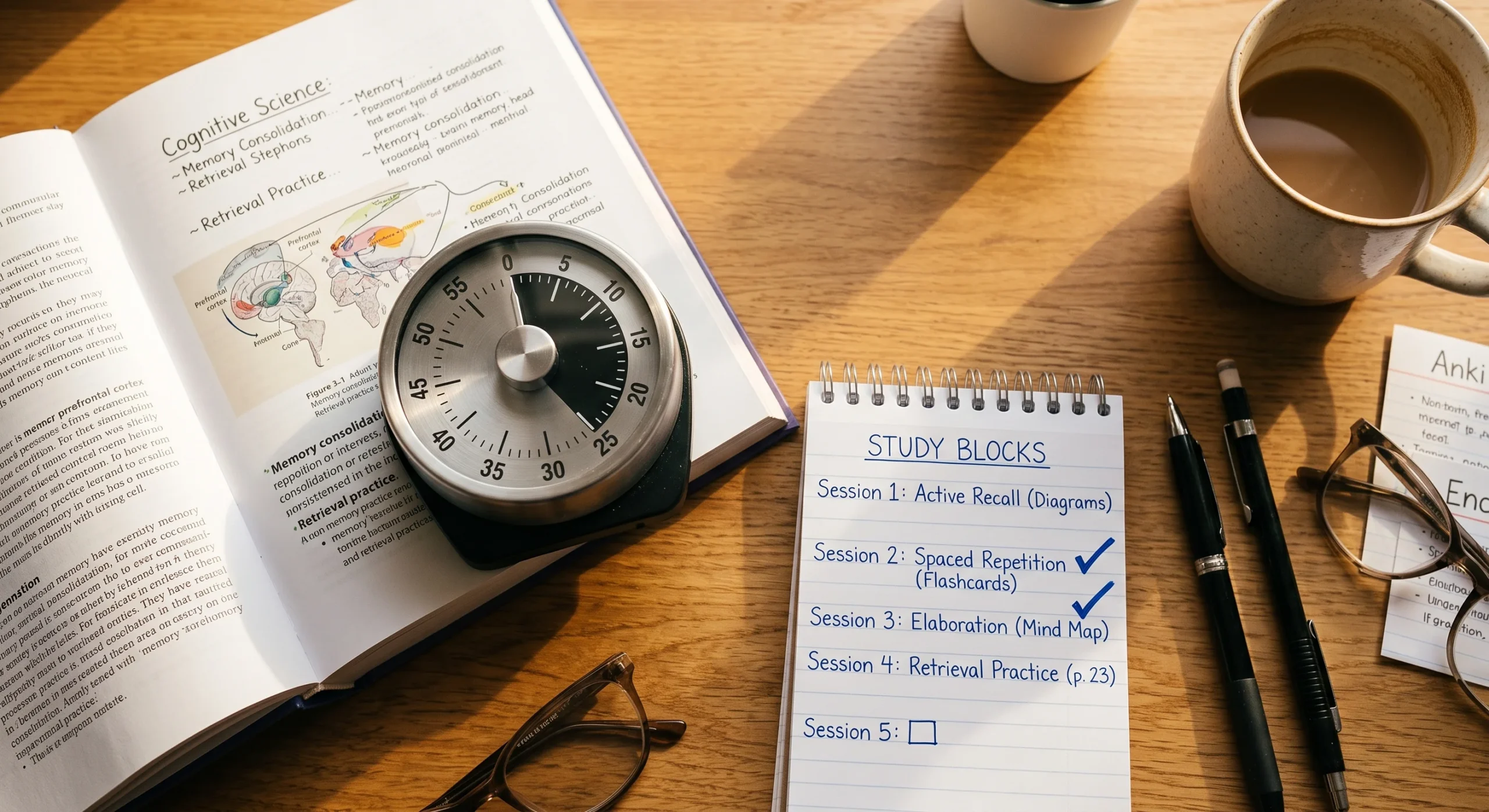 A timer set to twenty-five minutes beside an open textbook, a small checklist of completed study blocks nearby, warm afternoon light, close overhead shot emphasizing the timer and the checked-off sessions.