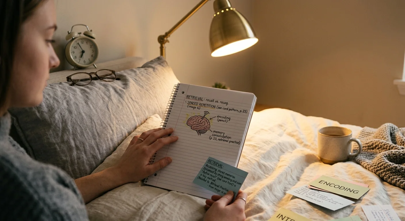 A student reviewing brief notes in bed under a warm reading lamp just before turning off the light, cozy evening atmosphere, close shot emphasizing the quiet, wind-down mood of the moment.