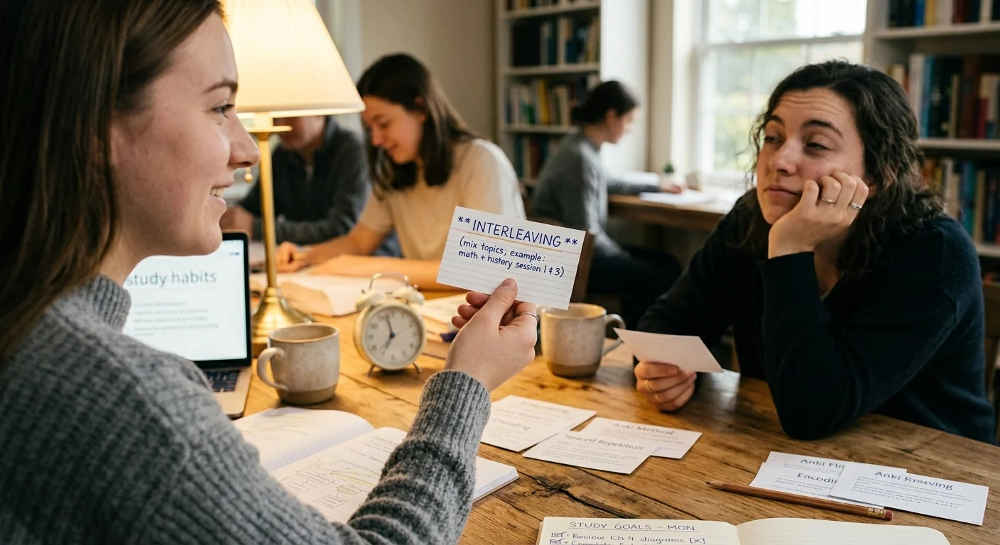 Two students quizzing each other with flashcards across a table, one holding up a card while the other thinks, warm shared study space light, close angled shot emphasizing the back-and-forth interaction.