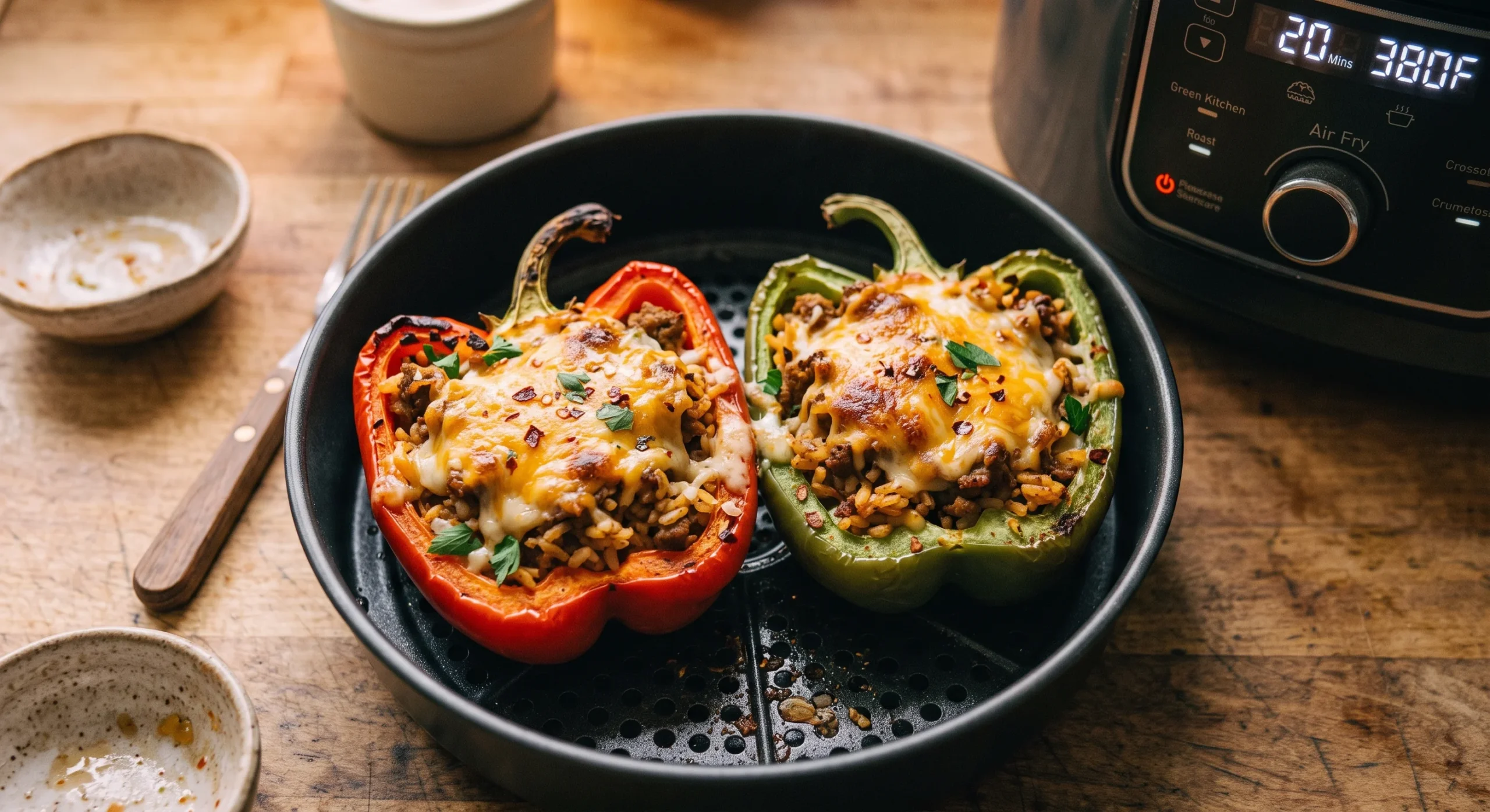 Two halved bell peppers filled with rice, ground meat, and melted cheese resting in an air fryer basket, slightly charred edges visible, warm kitchen light, close overhead shot emphasizing texture and color.