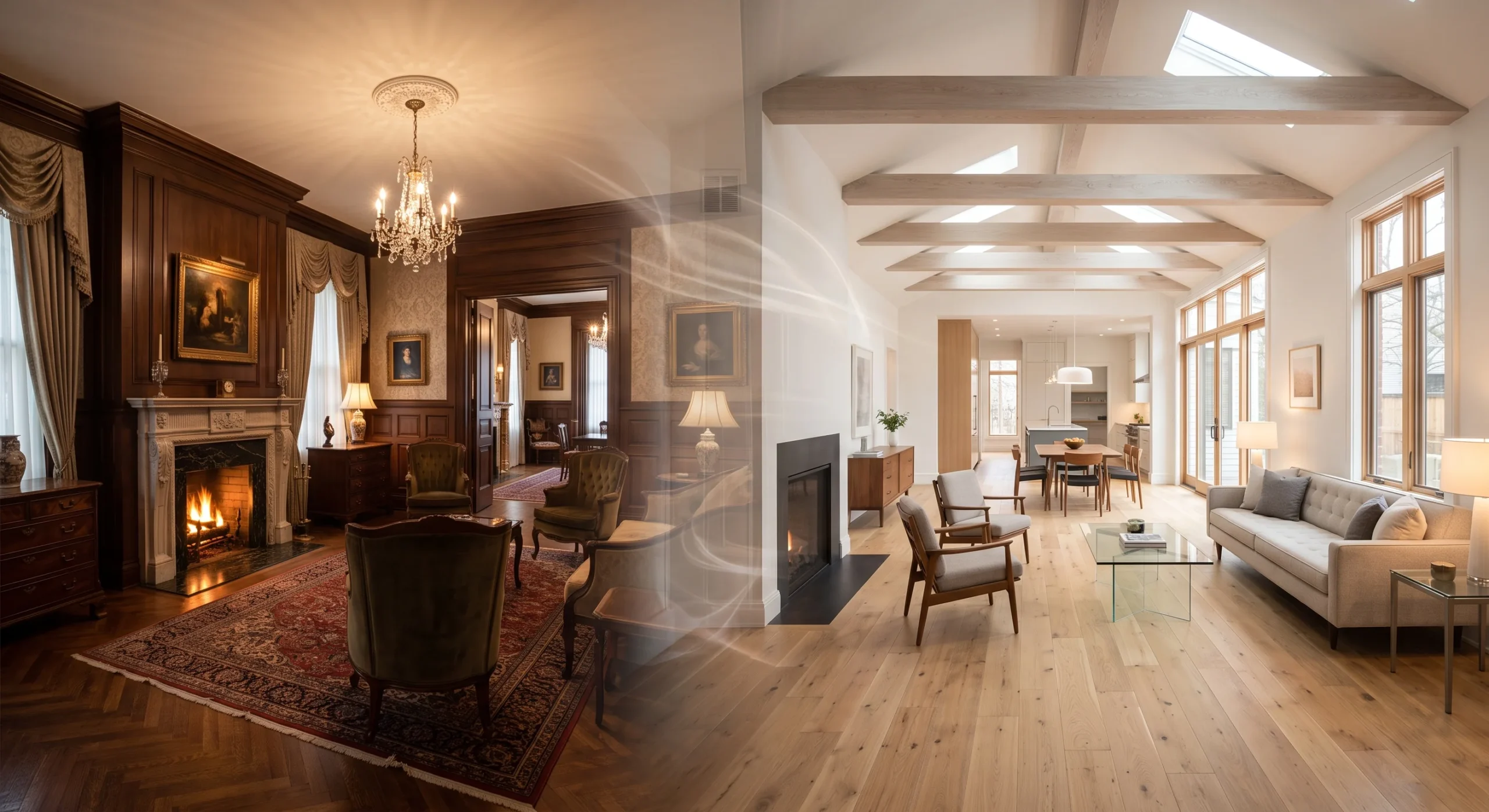 A time-lapse-style composite suggesting design evolution, showing a traditional formal living room fading into a bright open-concept space, soft transitional lighting, wide symbolic shot representing changing architectural trends over time.