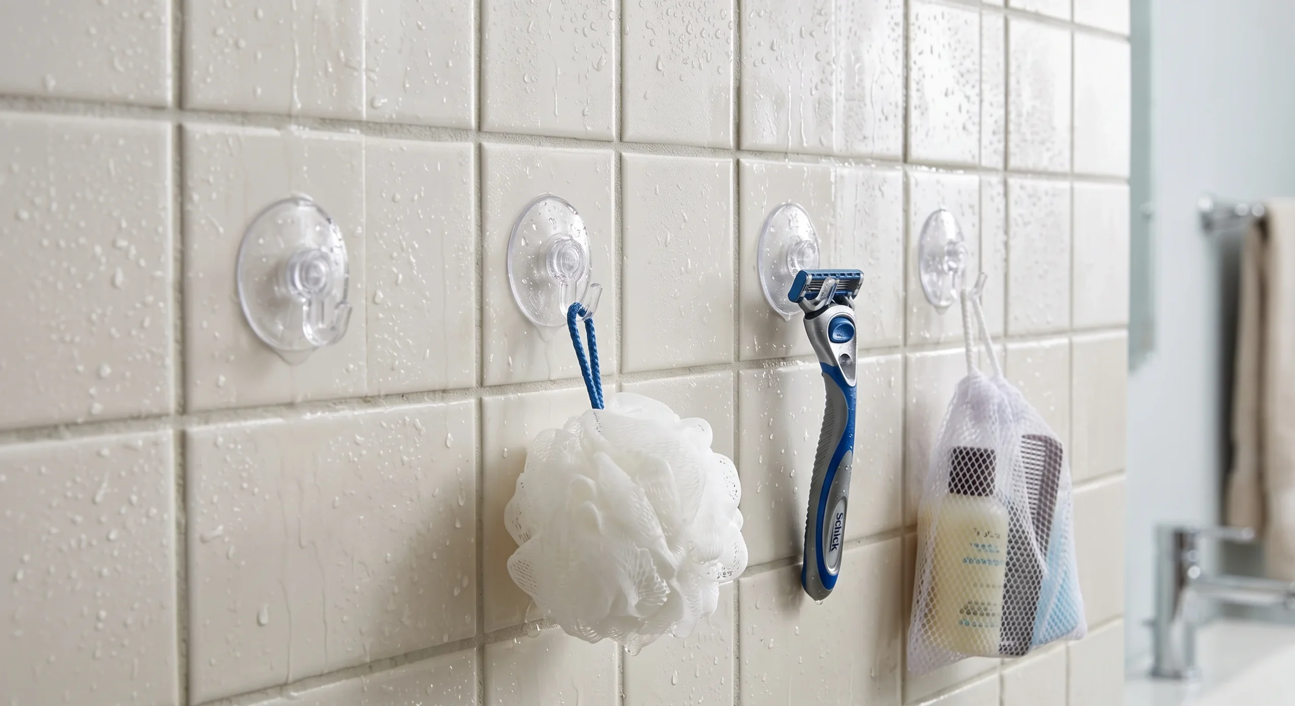 A row of small clear suction cup hooks mounted on a bathroom tile wall, holding a loofah, a razor, and a small mesh bag, water droplets visible on the tile surface, close detail shot emphasizing the hooks' minimal footprint.