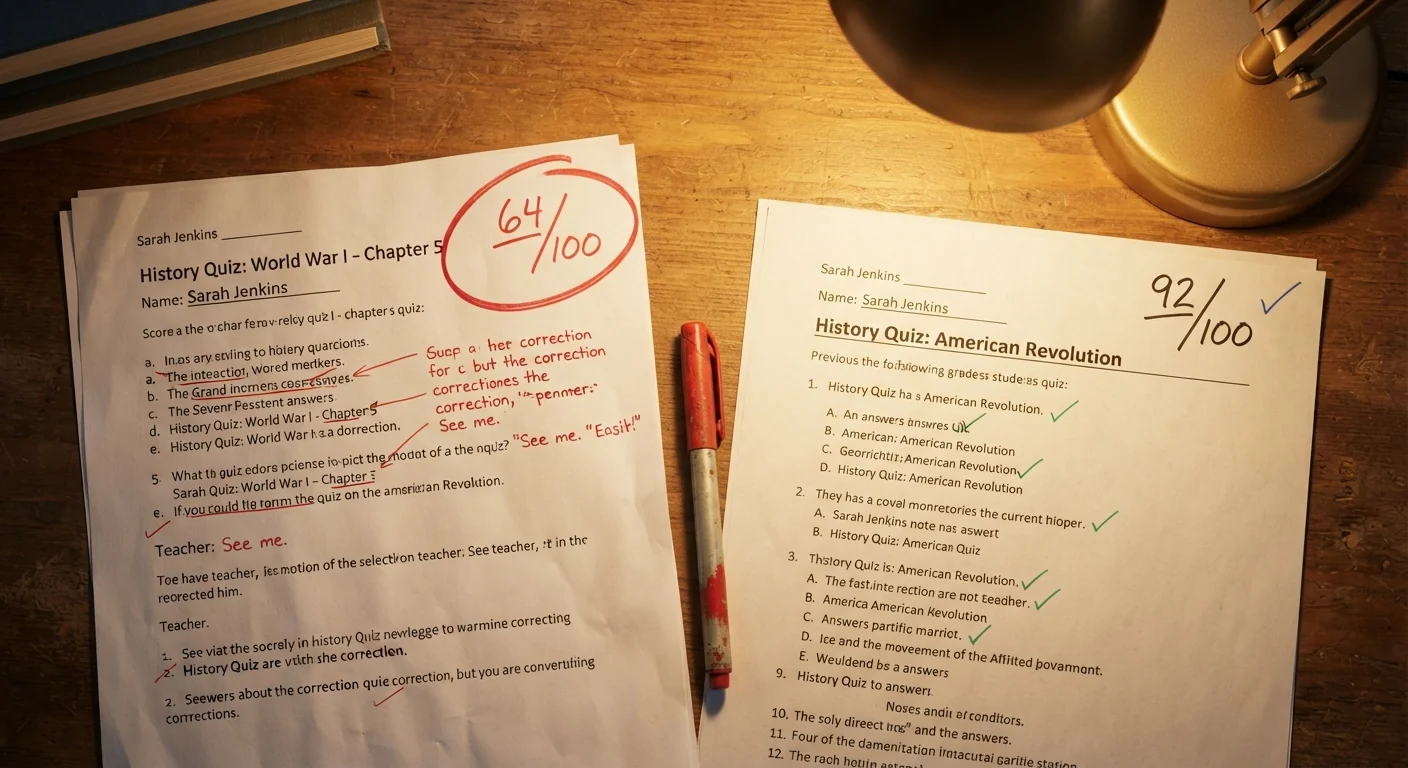 A graded quiz paper with a lower-than-usual mark circled in red pen resting beside an older quiz with a higher grade, warm desk lamp light, close overhead shot contrasting the two scores side by side.