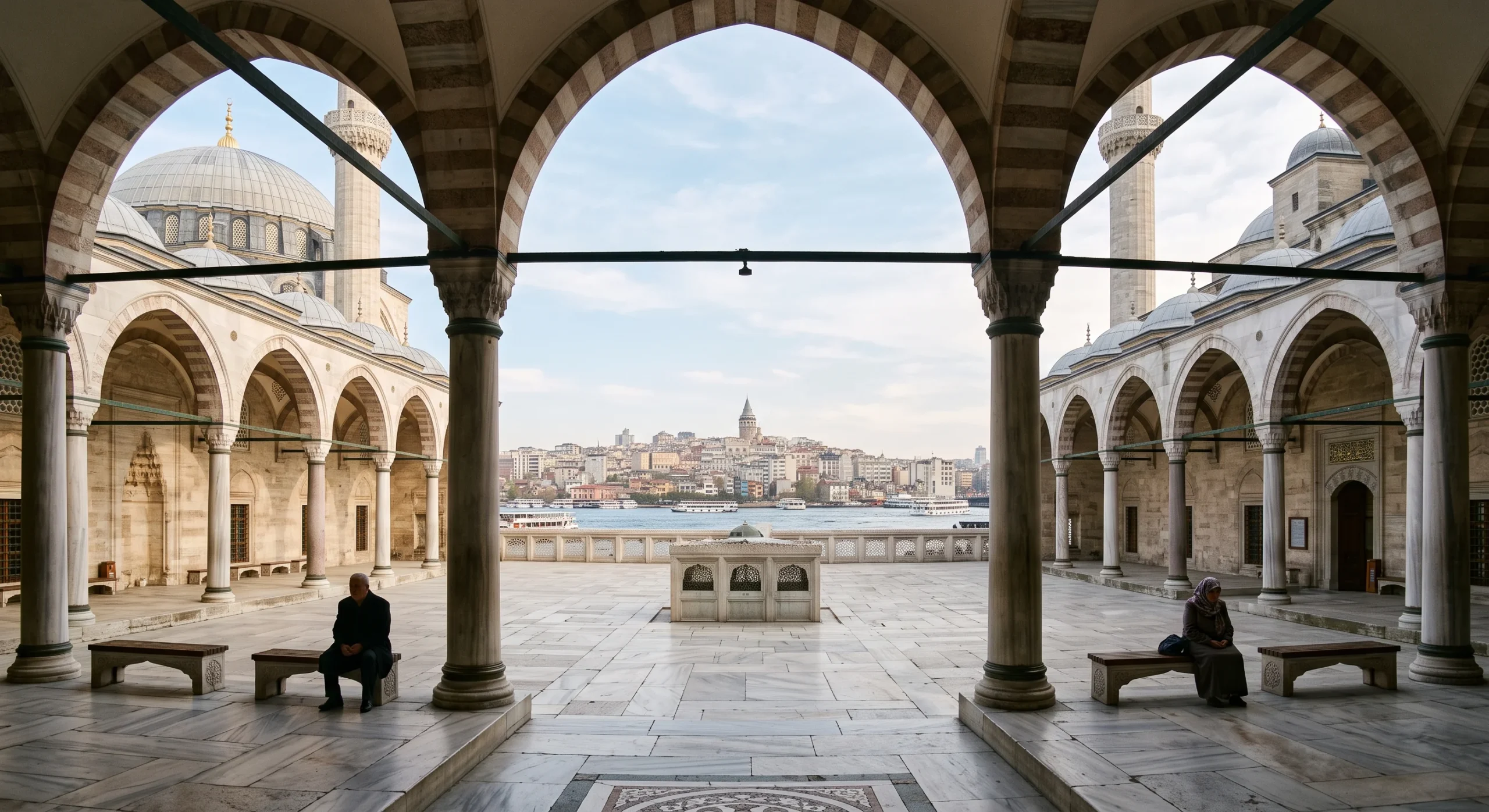 Wide shot of Suleymaniye Mosque's courtyard overlooking the Golden Horn, elegant stone archways framing the water view, soft midday light, a few visitors seated quietly on stone benches, peaceful architectural documentary composition.