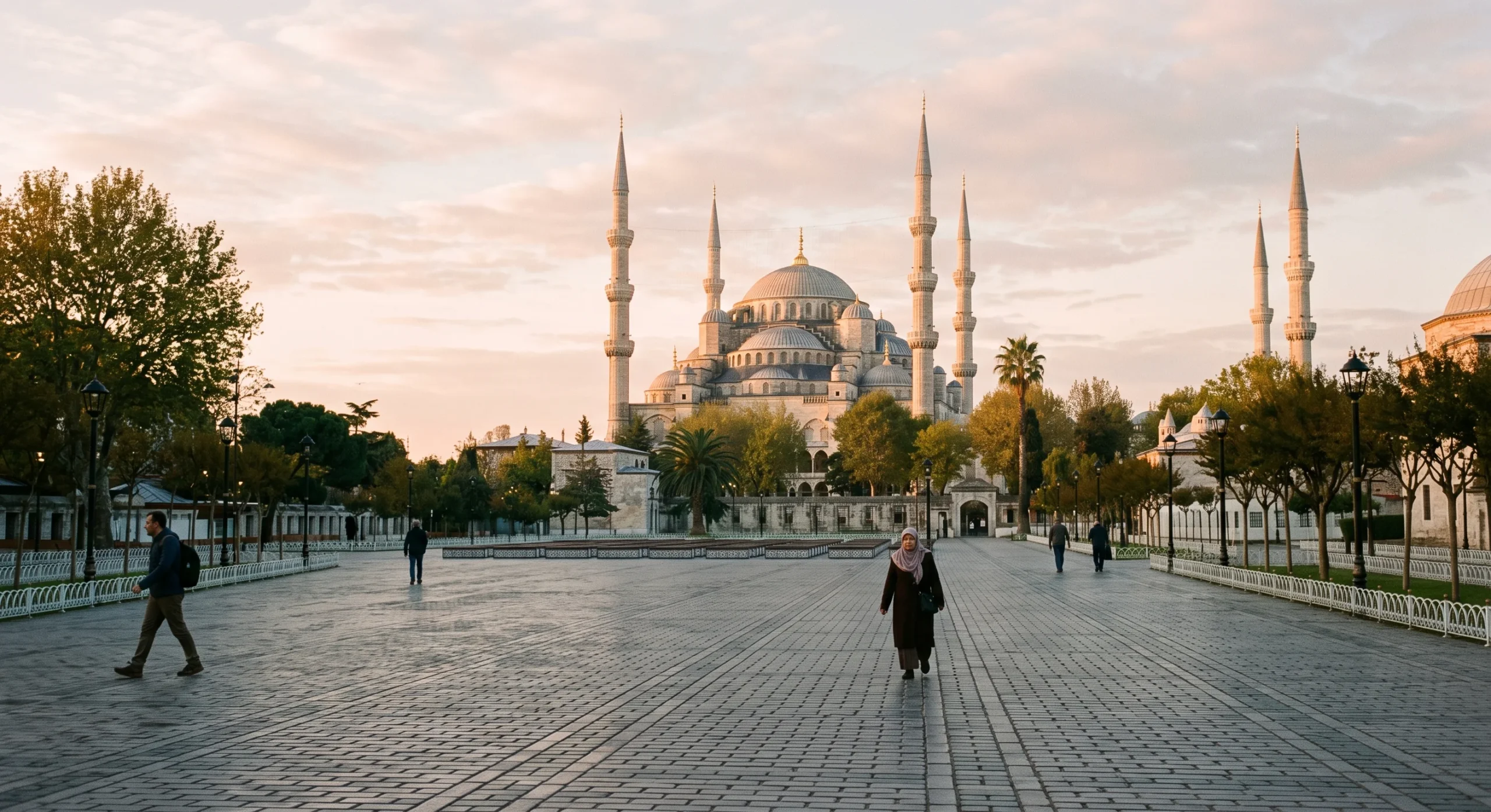 Wide shot of Sultanahmet Square early in the morning, soft golden light, the Blue Mosque visible in the background, only a handful of pedestrians crossing the cobblestone plaza, muted warm tones, documentary candid composition.