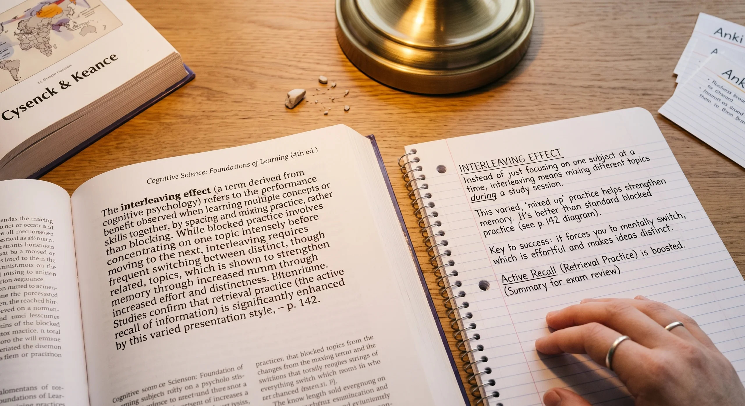 A textbook paragraph beside a shorter handwritten summary in a student's own phrasing, warm natural light, close overhead shot emphasizing the contrast between the original text and the condensed rewrite.
