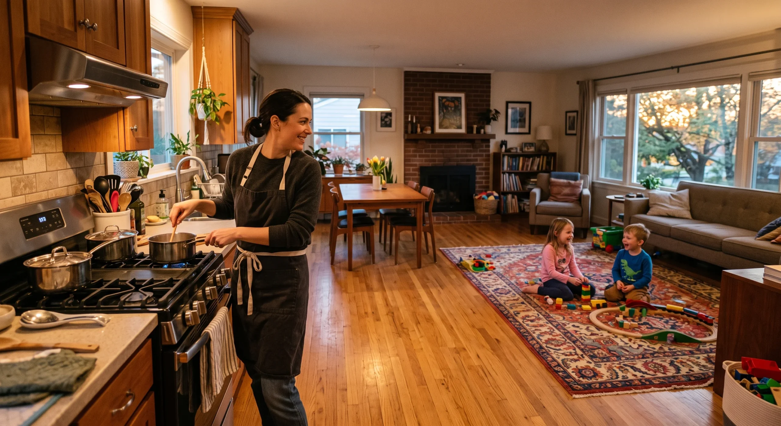 A parent at a kitchen stove glancing over toward children playing on a rug in the connected living room of an open floor plan, warm evening light, wide shot capturing the direct sightline between cooking and play areas.