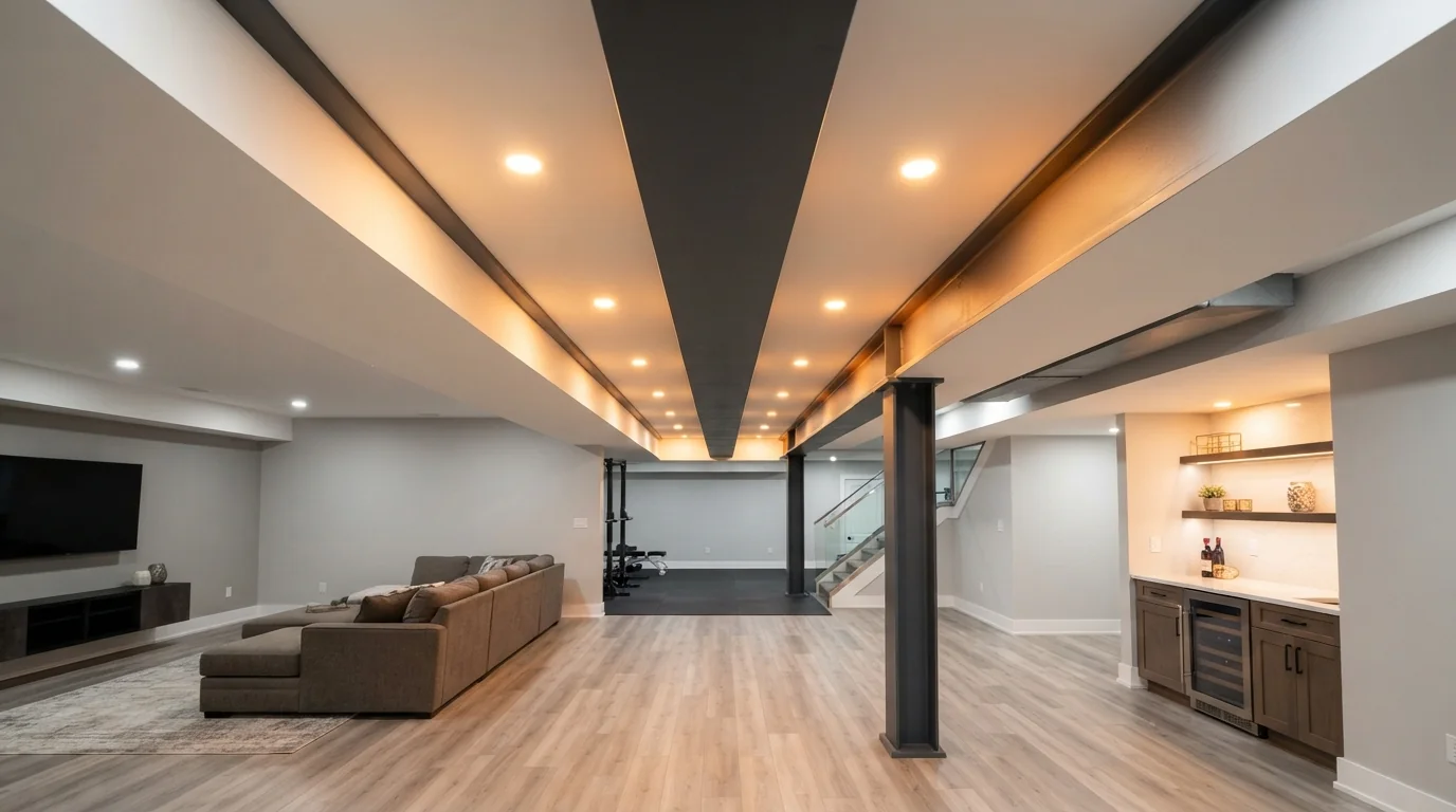 Wide architectural shot of an exposed steel I-beam running the length of a finished basement ceiling, resting on a support column, warm recessed lighting along the beam, clean modern basement renovation photography.