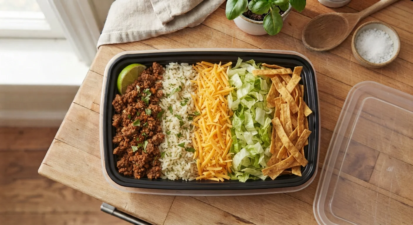 Overhead shot of a taco bowl meal prep container with seasoned ground beef, rice, shredded cheese, lettuce, and tortilla strips arranged in sections, warm kitchen light, casual homestyle Mexican food photography.