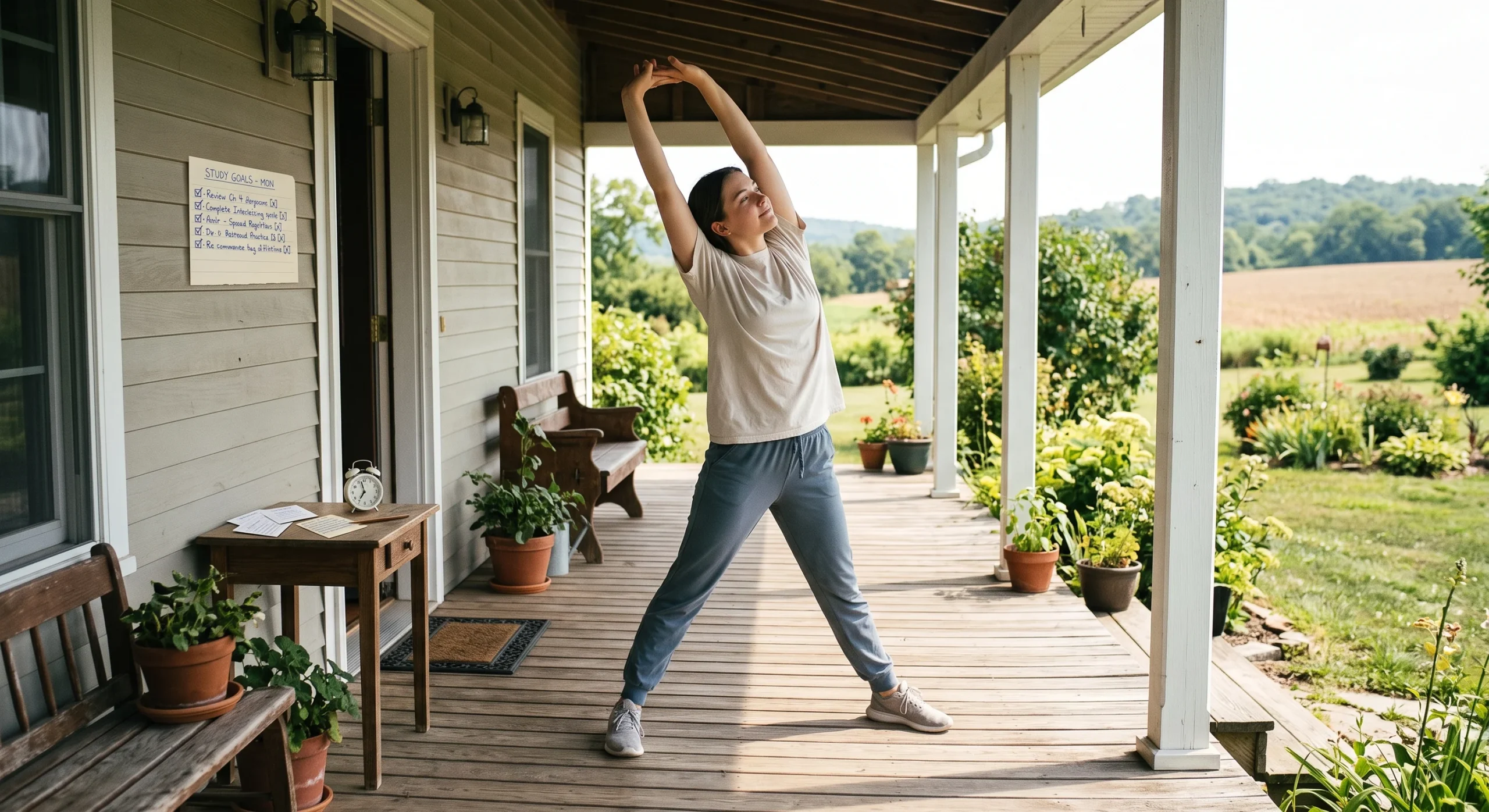 A student stretching outside on a porch away from any books or screens, mid-break between study sessions, warm natural daylight, wide shot emphasizing the genuine distance from study materials.