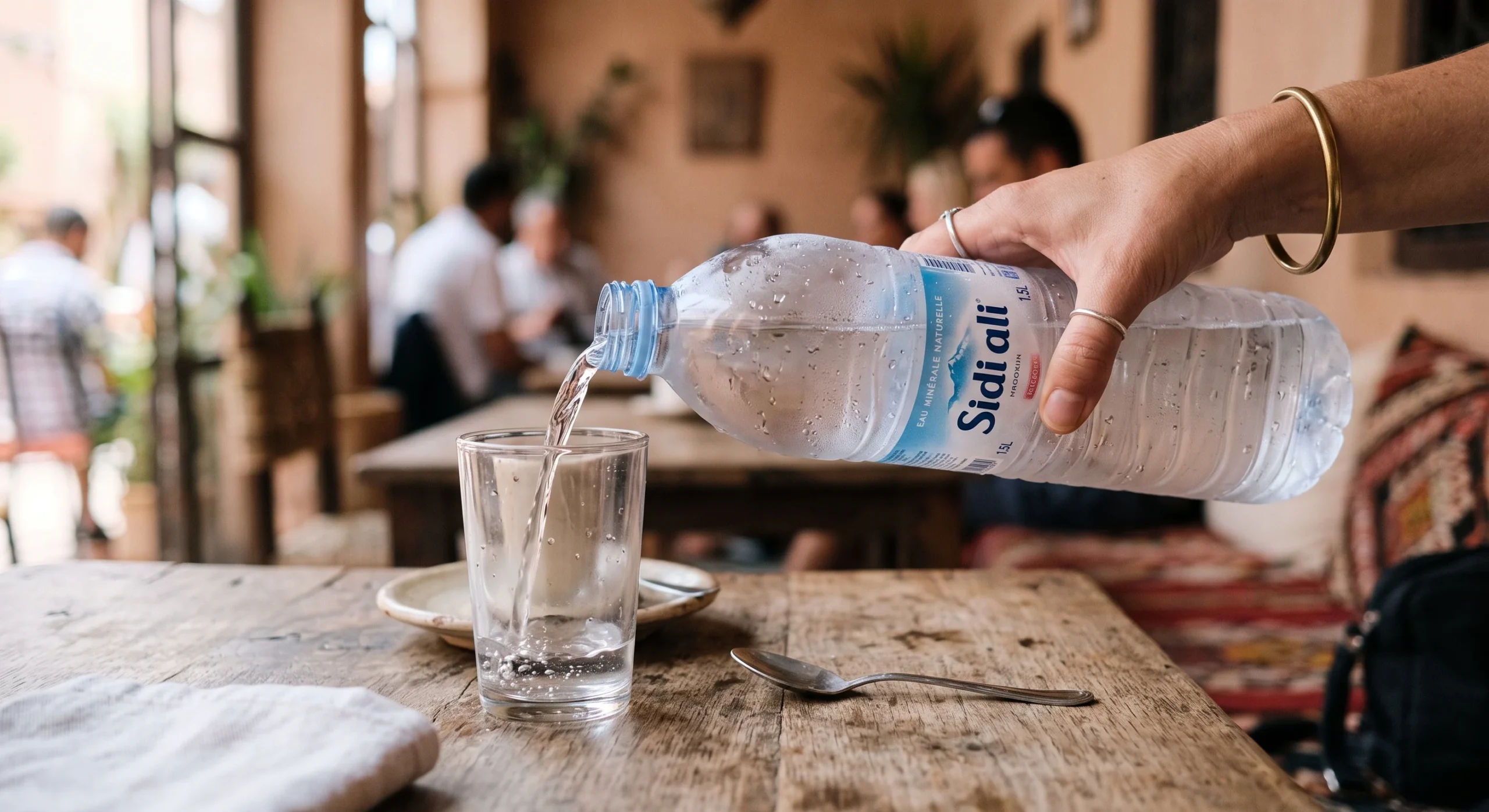 Close-up of a hand pouring bottled water into a glass on a cafe table, condensation visible on the bottle, soft natural daylight, neutral tones, simple practical travel documentary composition.