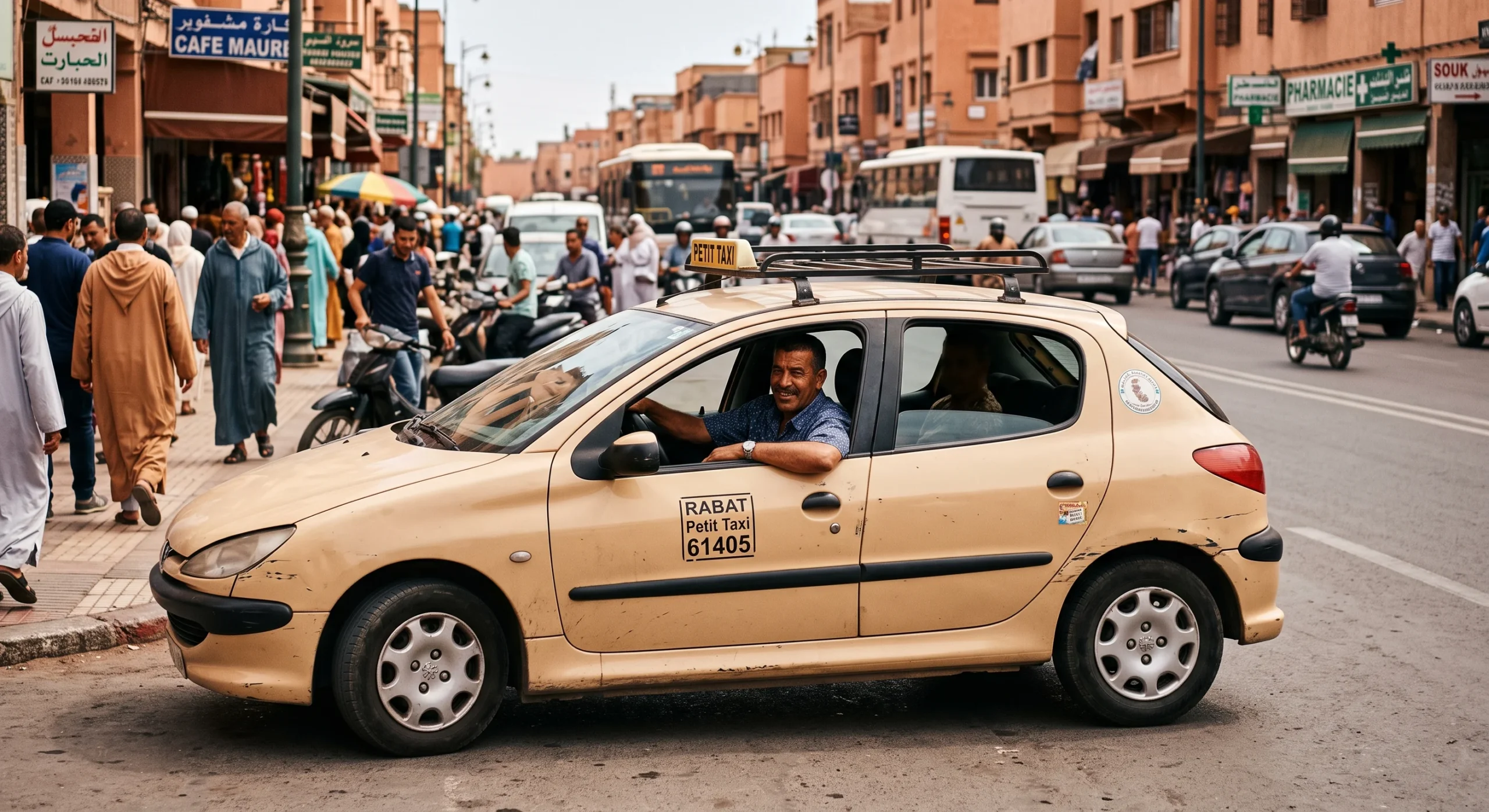 Street-level shot of a small beige petit taxi parked on a Moroccan city street, the driver visible through the open window, busy street traffic blurred in the background, warm midday light, candid transportation documentary style.