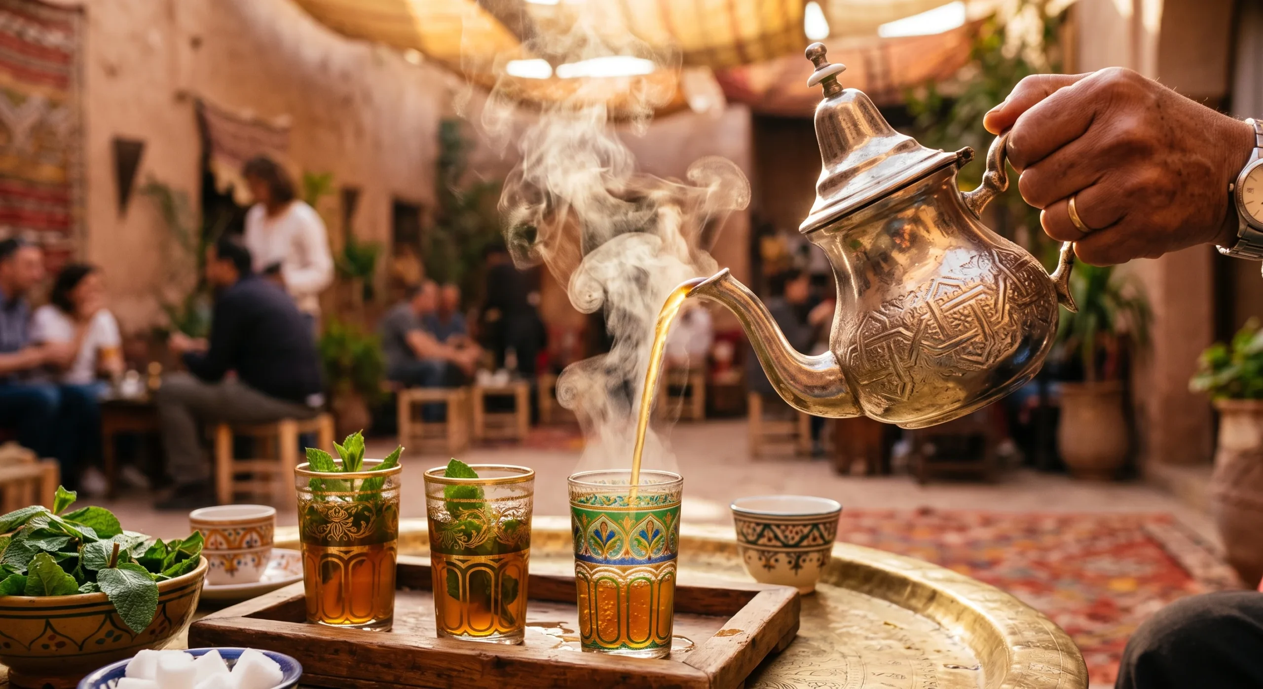 Close-up of Moroccan mint tea being poured from a height into small ornate glasses, steam rising, a silver teapot catching the afternoon light, warm golden tones, intimate cultural documentary composition.