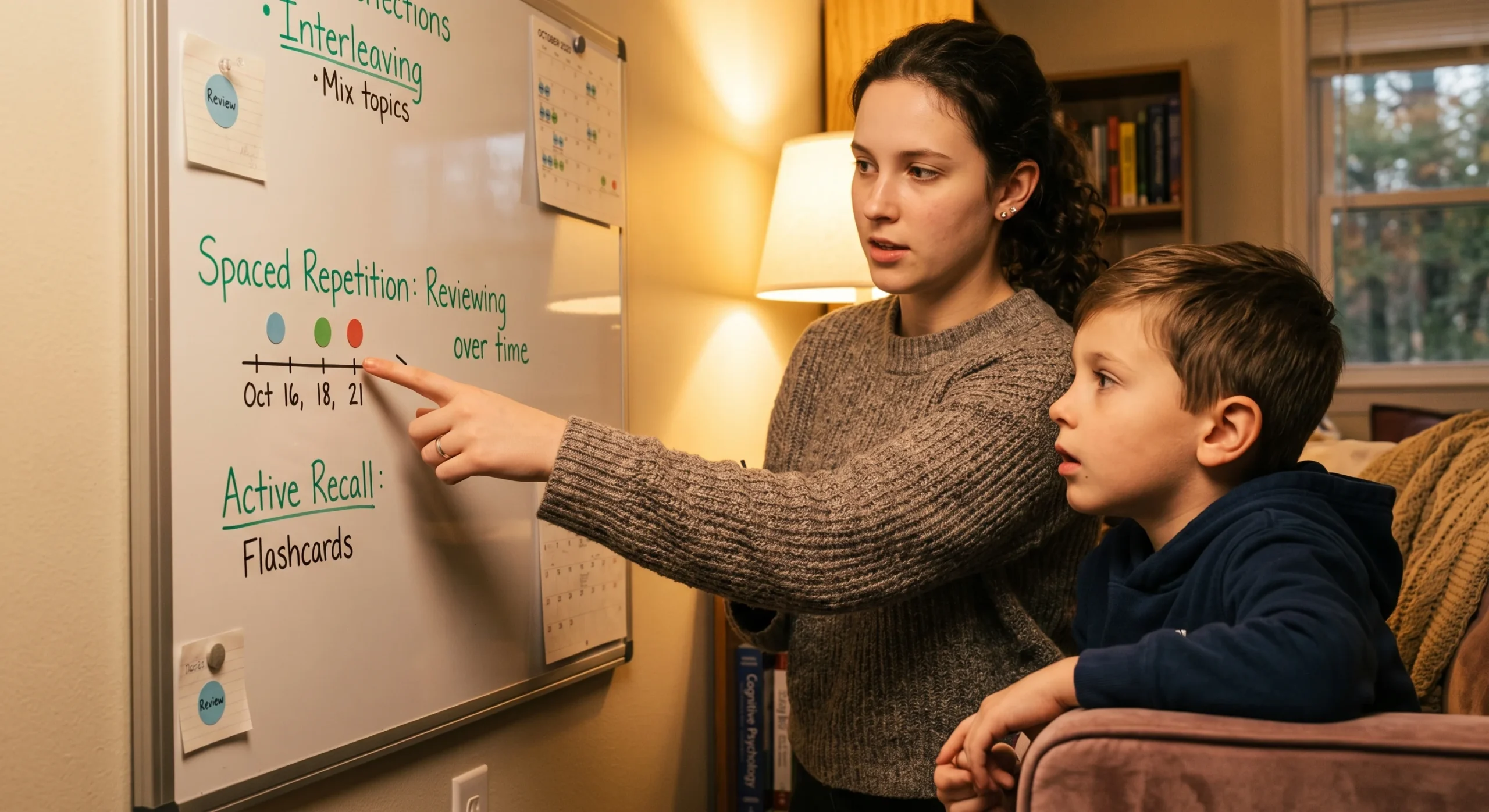 A student explaining a concept to a younger sibling using a whiteboard, gesturing at a simple diagram, warm living room light, close angled shot emphasizing the teaching gesture and the sibling's attentive listening.