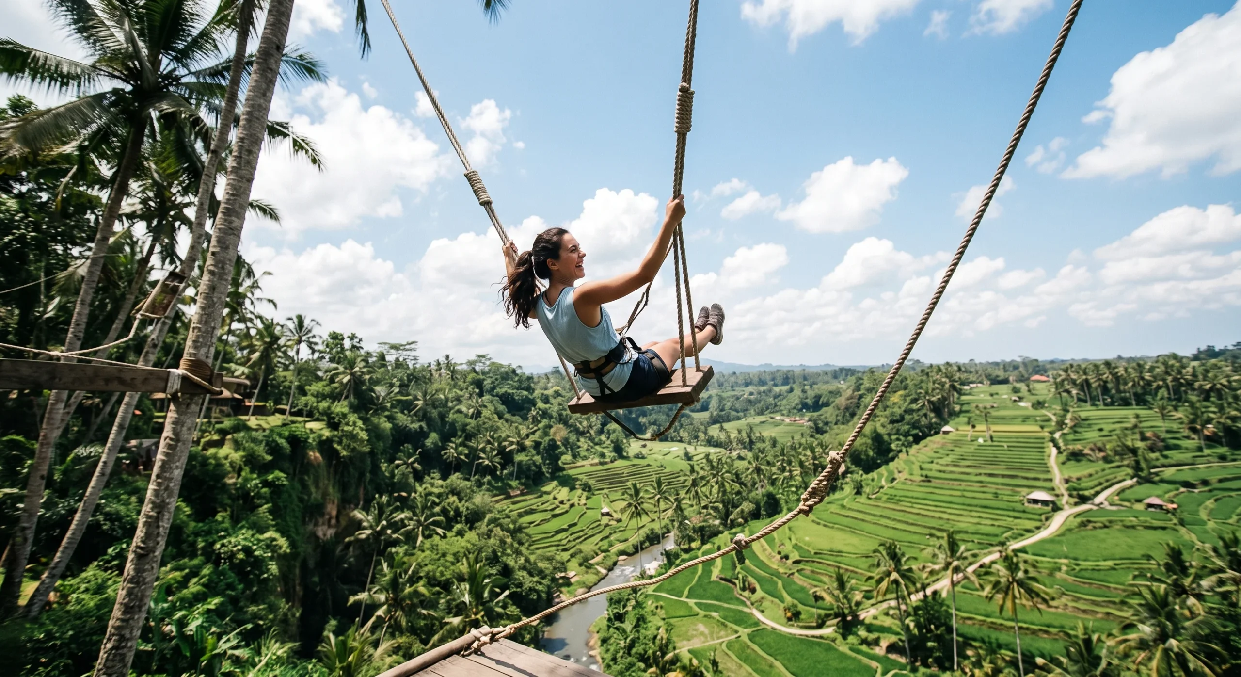 A wooden jungle swing suspended above a rice terrace canyon, a single rider mid-swing against a bright blue sky, lush green fields below, dynamic upward camera angle capturing the motion and height, candid rather than staged composition.