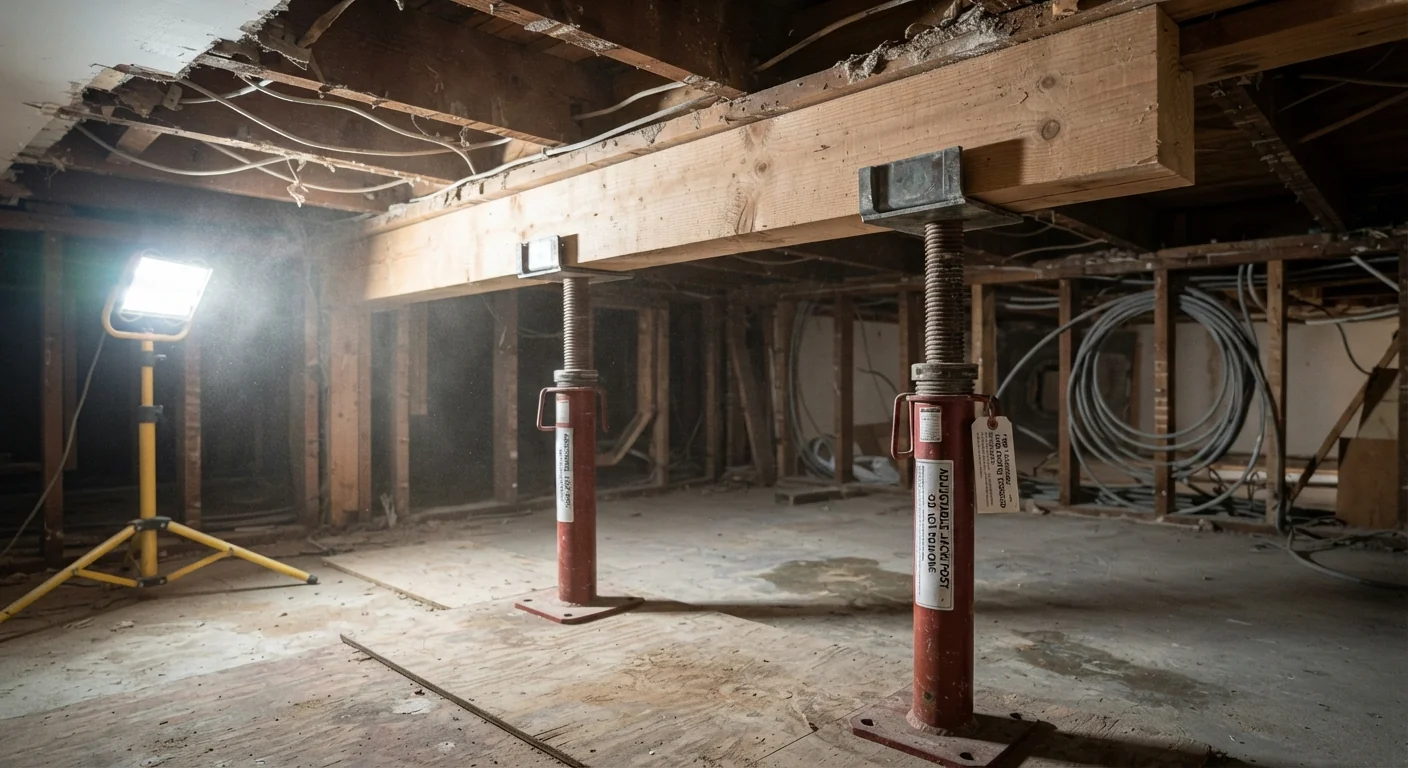 Close-up shot of adjustable steel support jacks and a temporary wood beam installed beneath an exposed ceiling during a renovation, construction dust visible in the air, bright work light illumination, technical construction documentation photography.