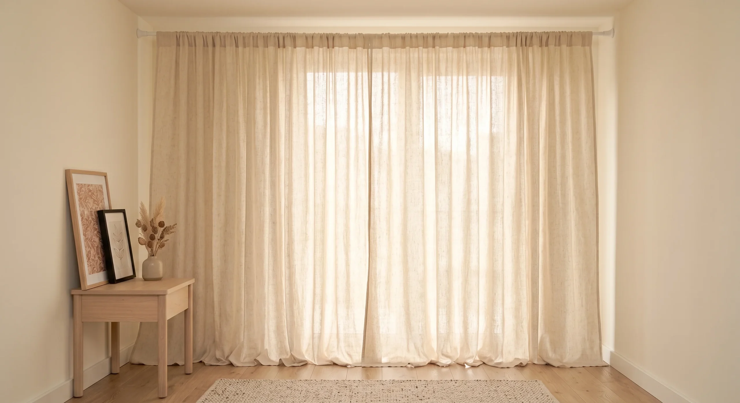 A tension rod mounted between two nook walls holding a flowing linen curtain that covers an entire wall section, soft diffused daylight through the fabric, warm neutral tones, wide shot showing the fabric pooling slightly at the floor.