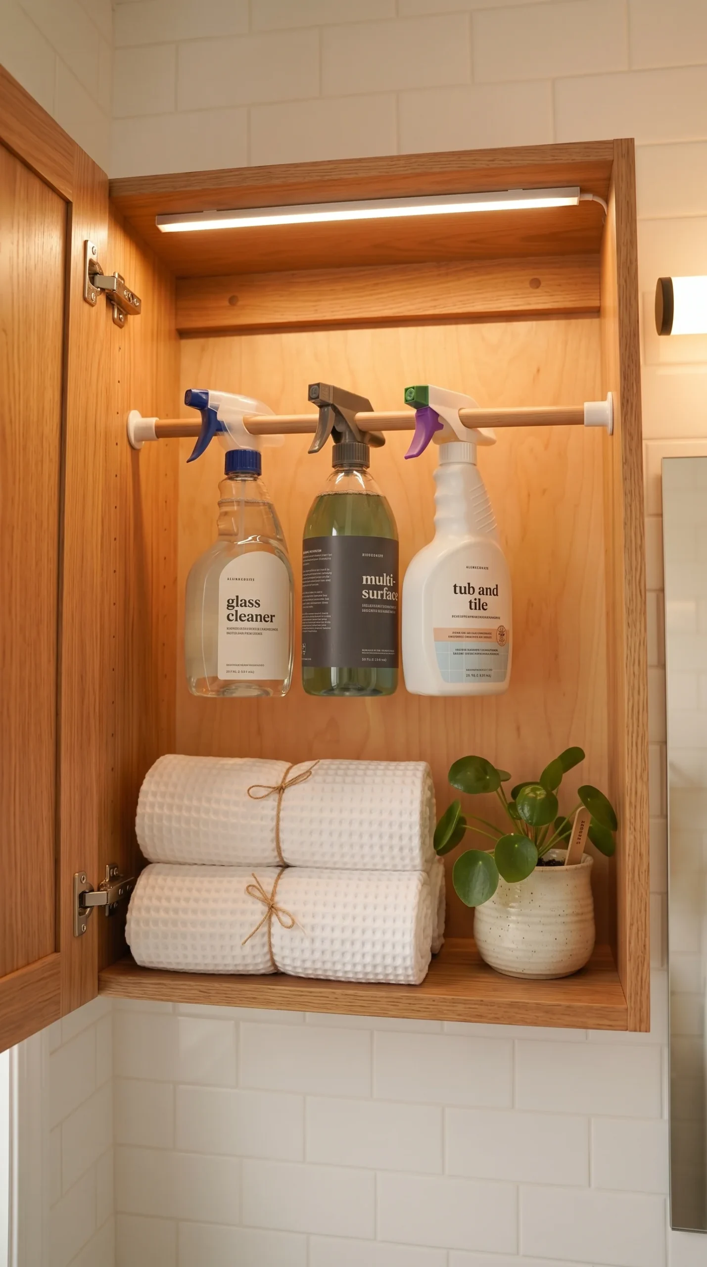 A tension rod mounted inside a bathroom cabinet, holding spray bottles by their trigger handles suspended above stacked towels below, soft cabinet light, close overhead-angle shot emphasizing the dual-tier storage created.