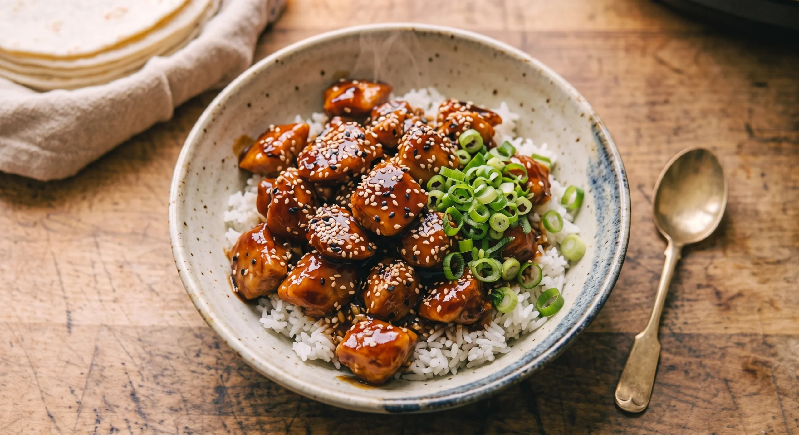 Small glazed chicken pieces coated in glossy teriyaki sauce piled in a bowl over rice, sesame seeds and a scallion garnish visible, warm kitchen table light, close inviting overhead composition.