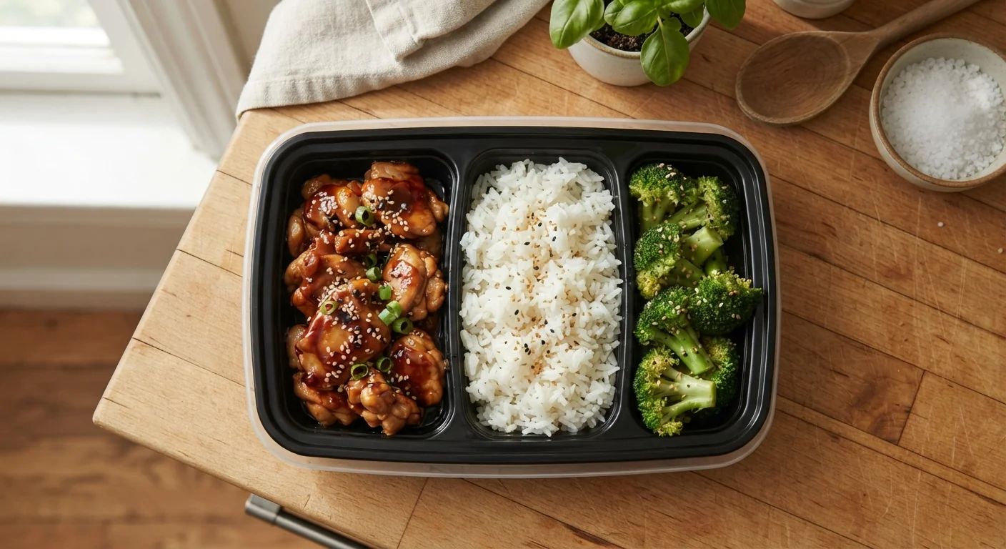 Overhead shot of a meal prep container filled with glazed teriyaki chicken, steamed white rice, and broccoli, sesame seeds sprinkled on top, natural kitchen light, clean homestyle meal prep photography composition.