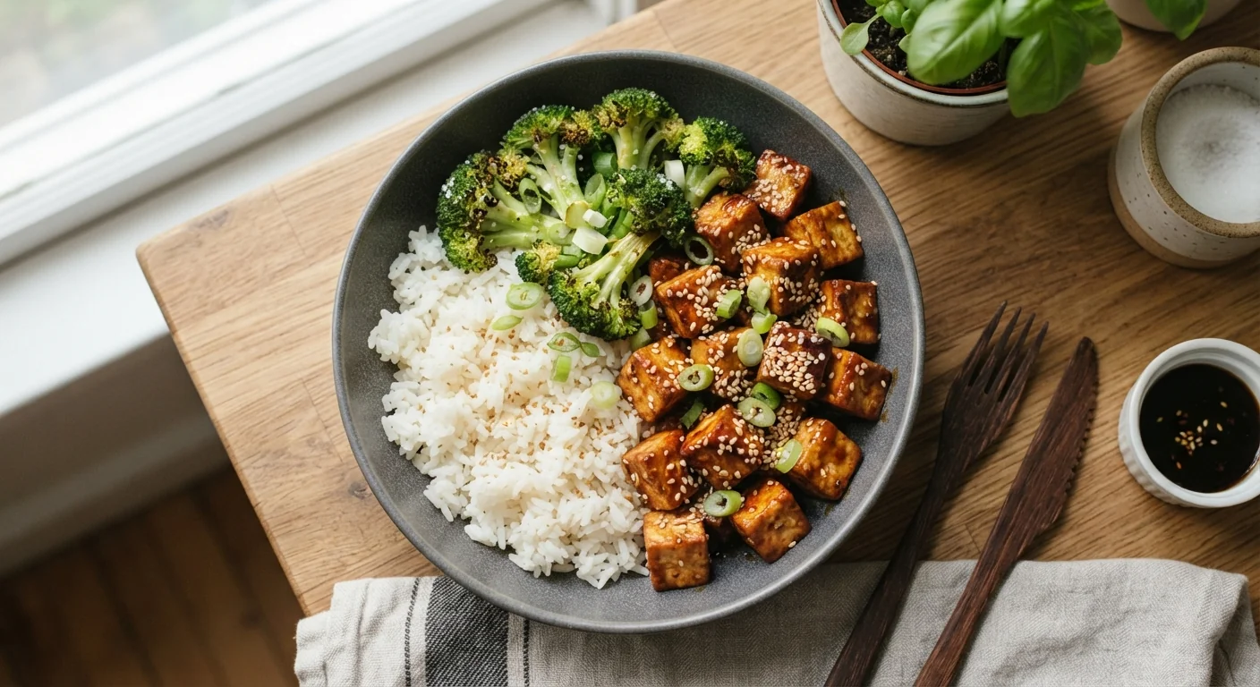 Overhead shot of a teriyaki tofu meal prep bowl with crispy baked tofu cubes, steamed rice, and broccoli, sesame seeds sprinkled on top, natural kitchen light, clean vegetarian homestyle food photography.