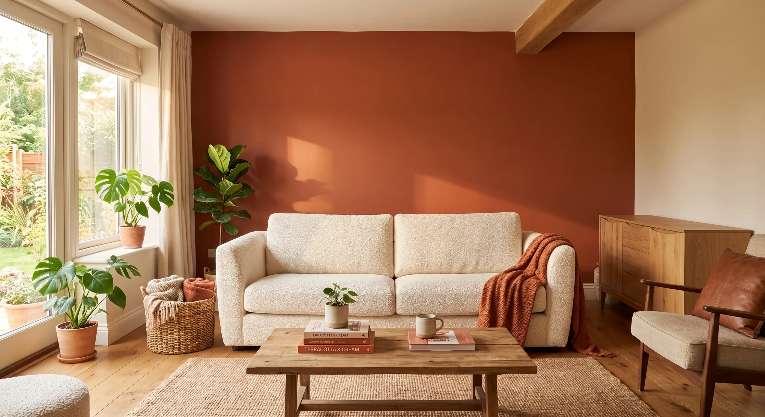 A single wall painted in a warm terracotta tone behind a cream sofa, soft afternoon light raking across the textured paint surface, wide shot emphasizing the wall's warmth against the room's otherwise neutral palette.